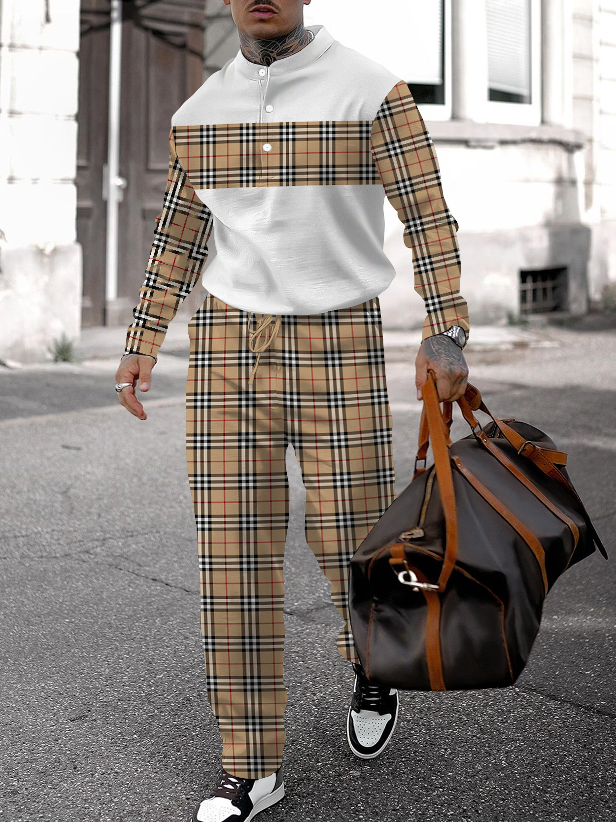 Men's fashion casual geometric print long sleeve two-piece set