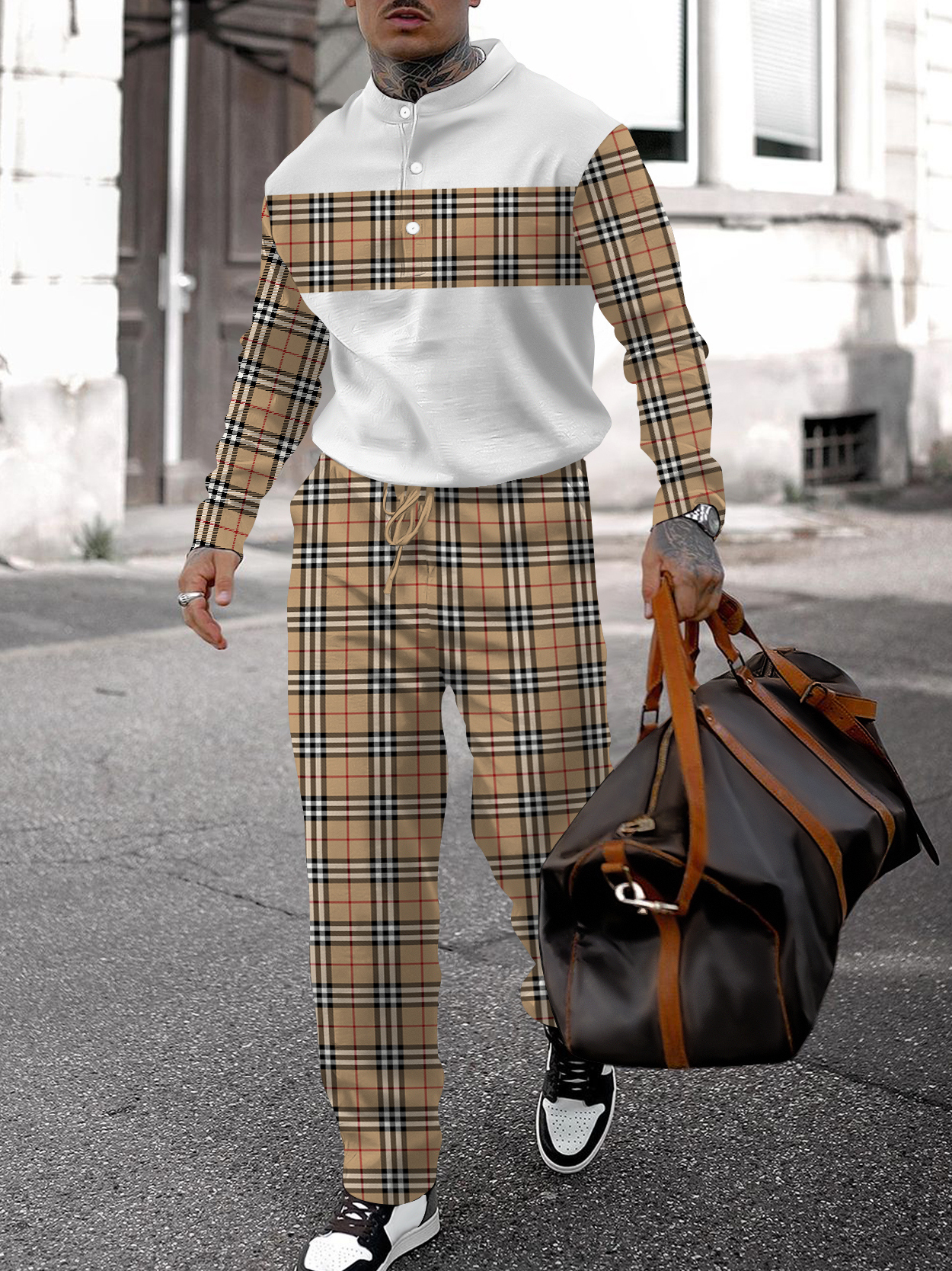 Men's fashion casual geometric print long sleeve two-piece set