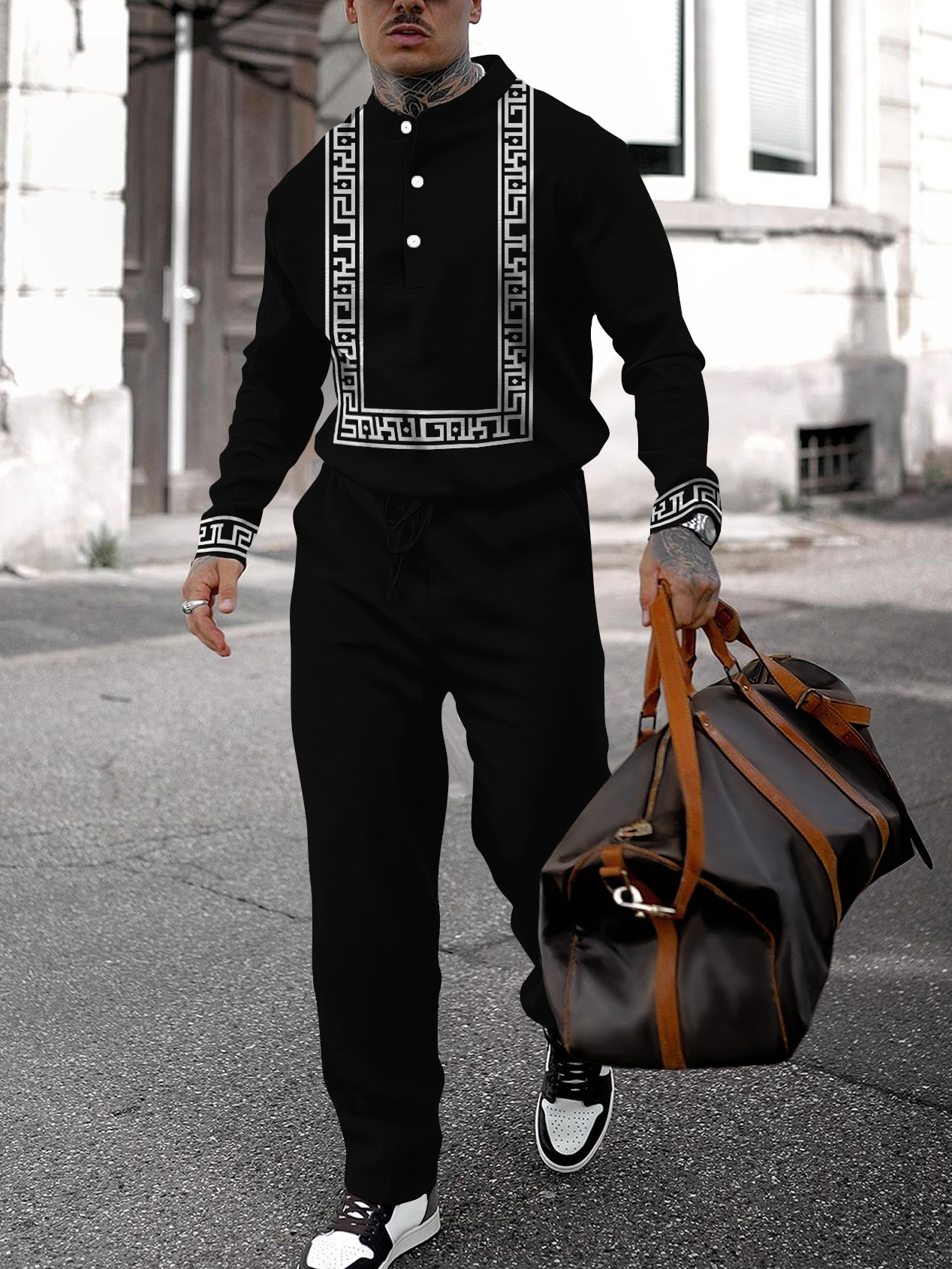 Men's fashion casual geometric print long sleeve two-piece set