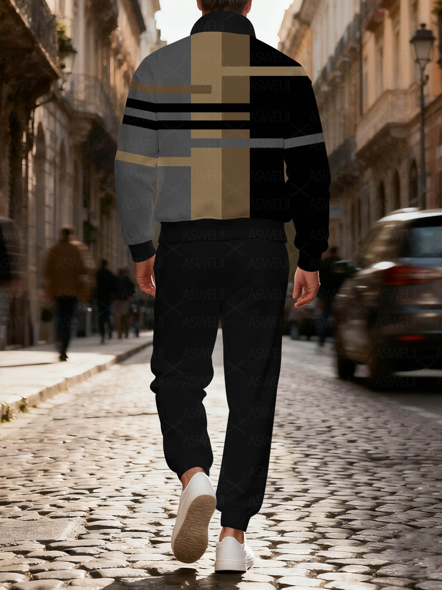 Men's fashionable casual geometric print zipper long-sleeved two-piece set