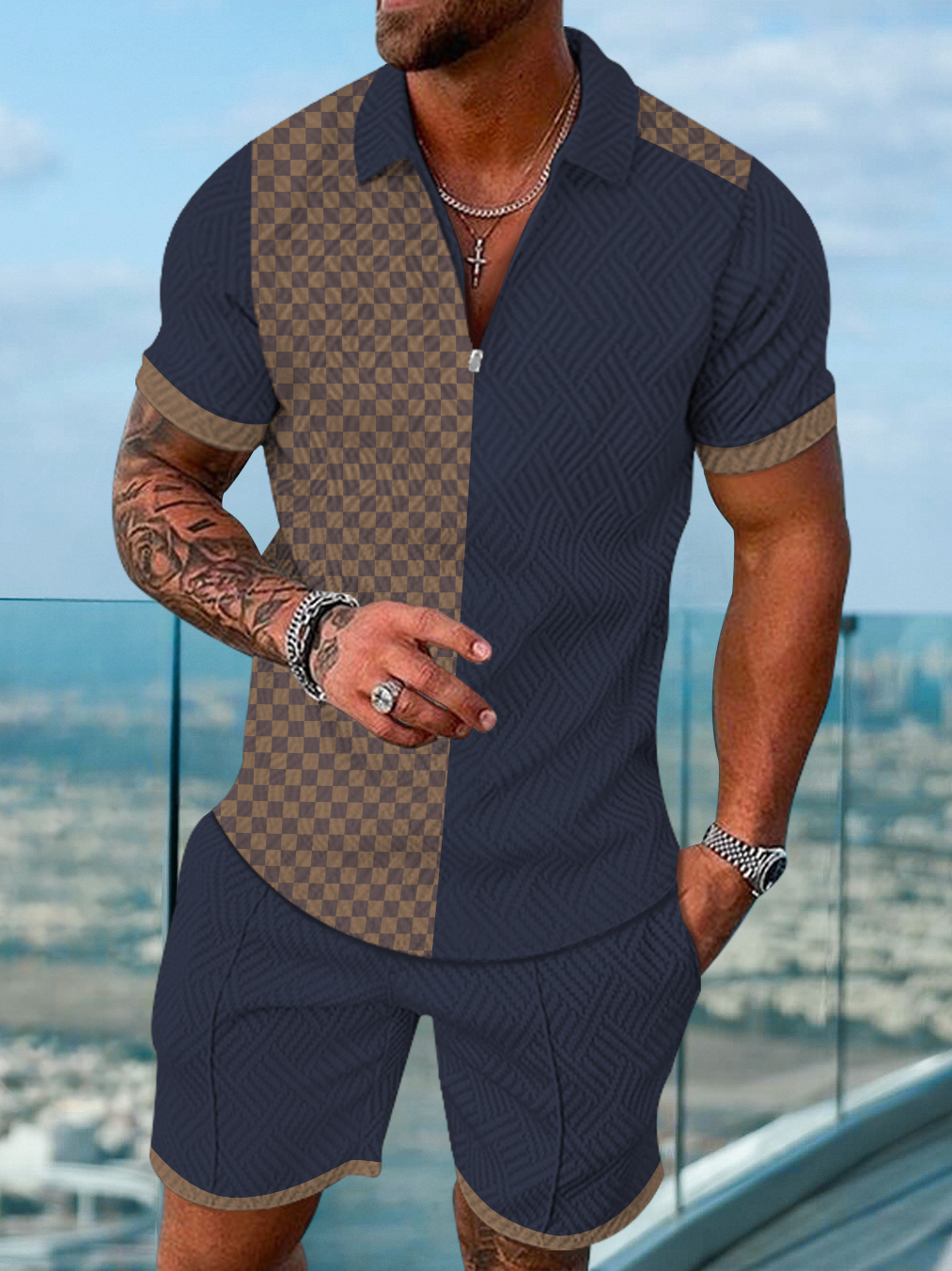 Men's fashion casual color matching printed short-sleeved polo suit