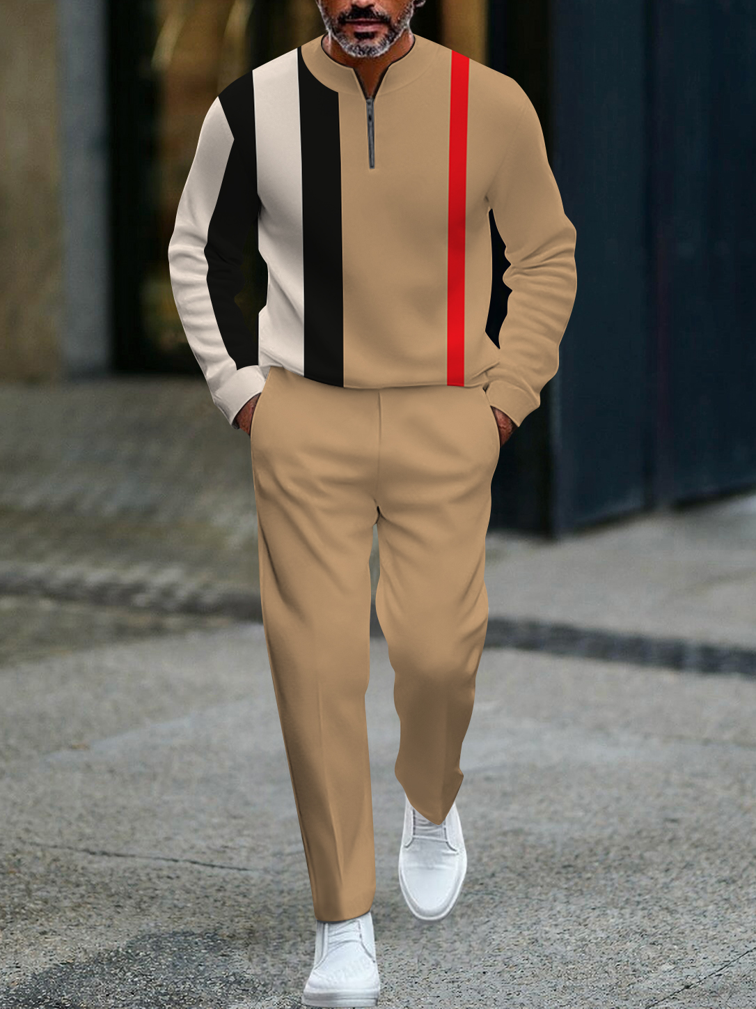 Men's fashion casual geometric print long sleeve zipper two-piece set