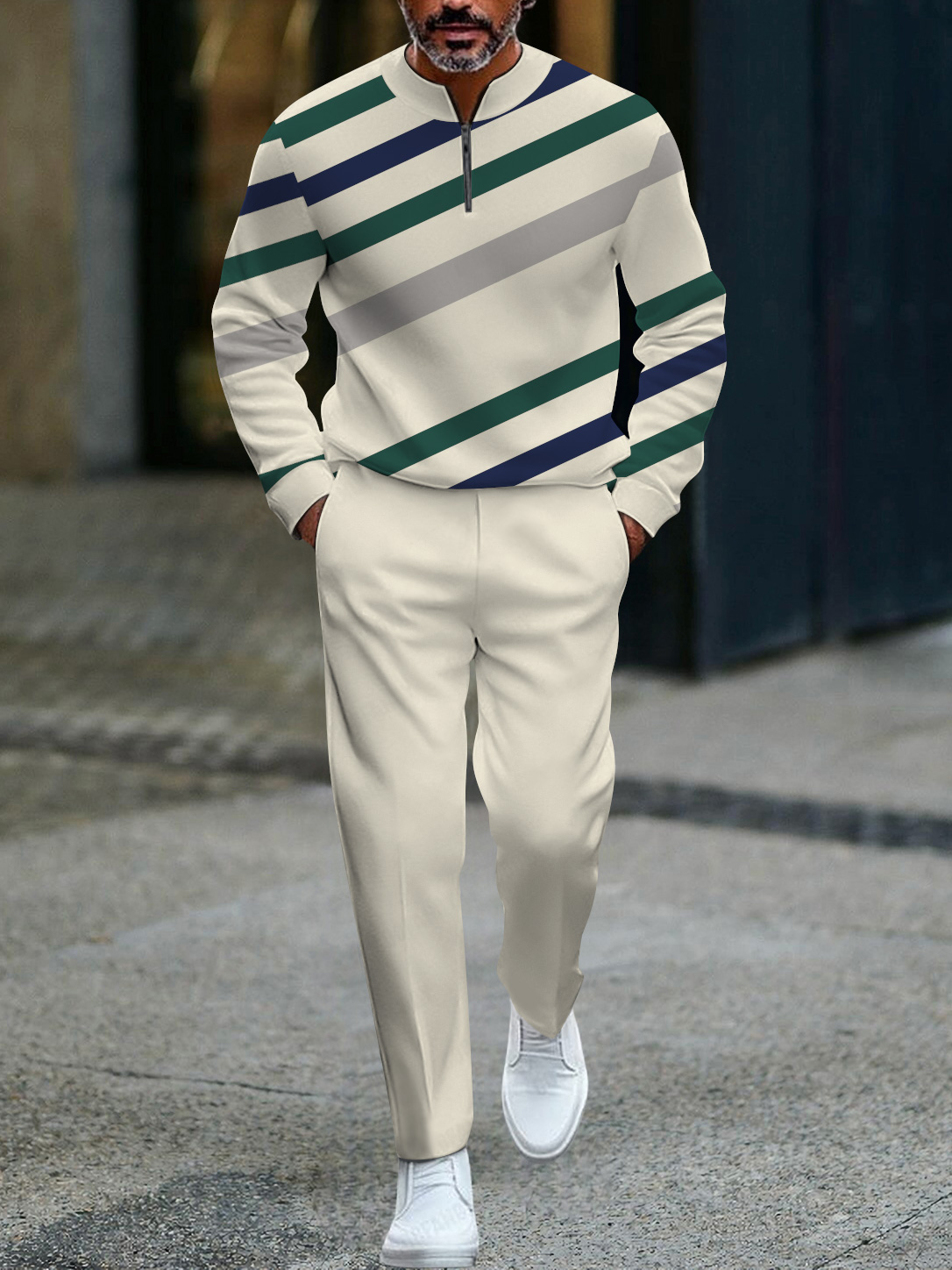 Men's fashion casual geometric print long sleeve zipper two-piece set