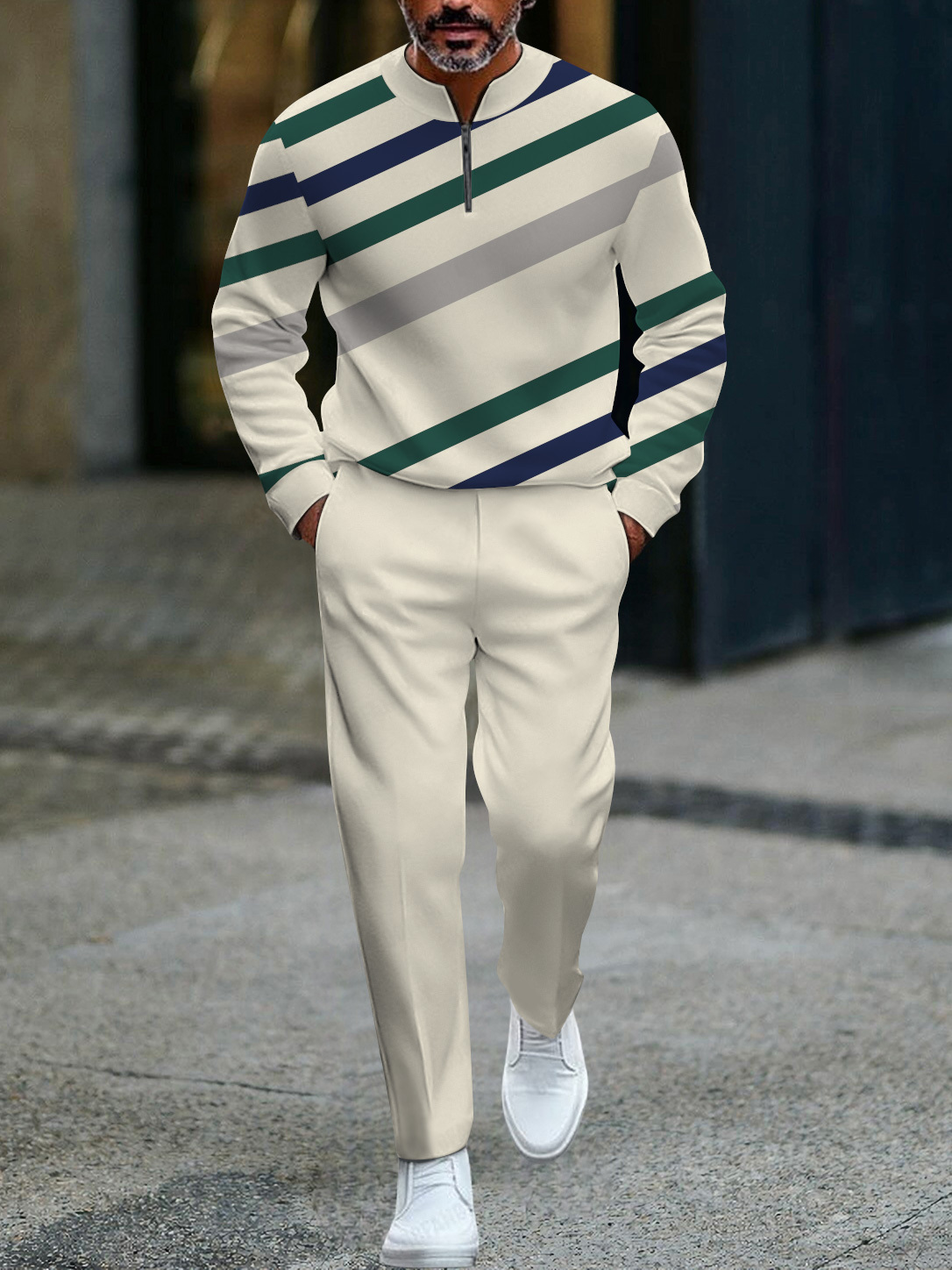 Men's fashion casual geometric print long sleeve zipper two-piece set