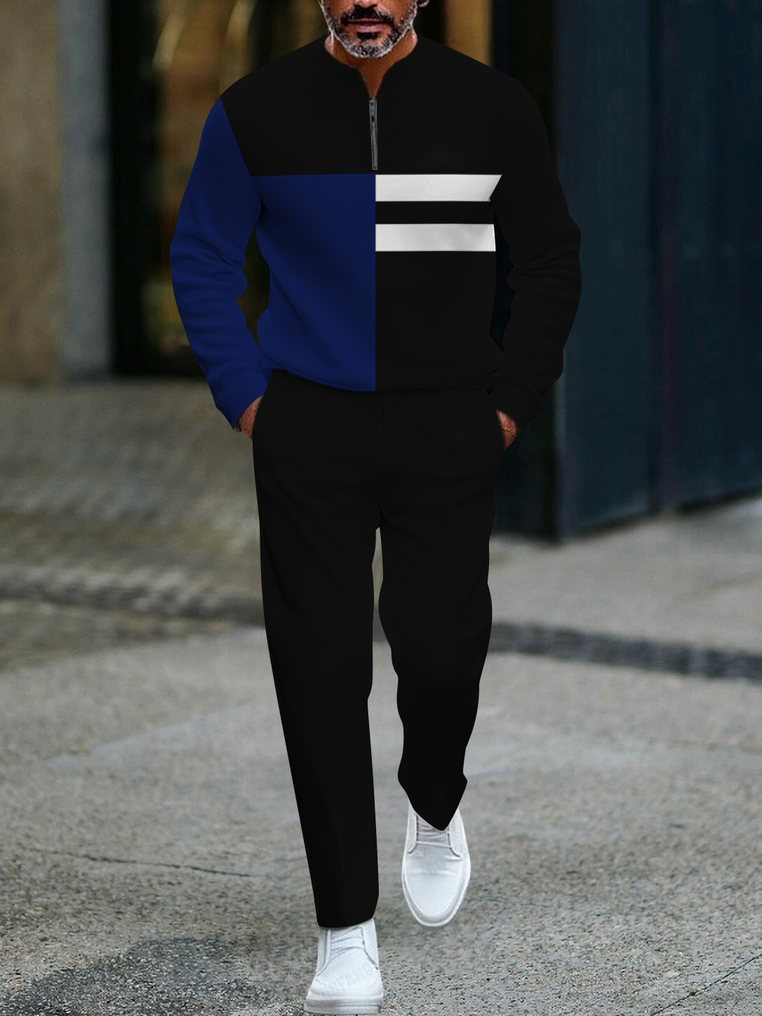 Men's fashion casual geometric print long sleeve zipper two-piece set