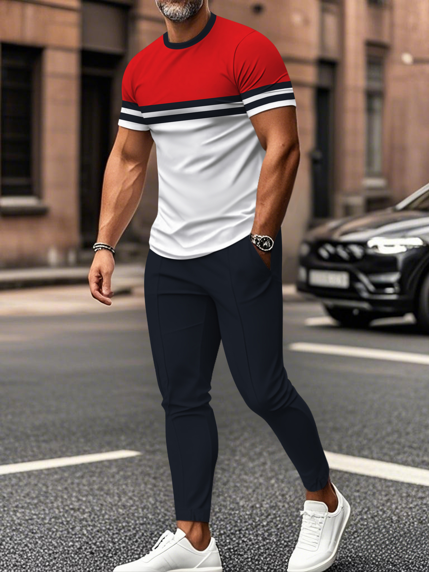 Men's fashion casual color matching striped printed short sleeved trousers two-piece set