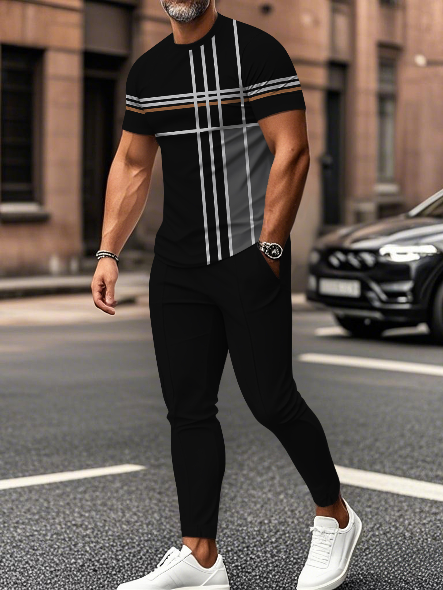 Men's fashion casual color matching striped printed short sleeved trousers two-piece set