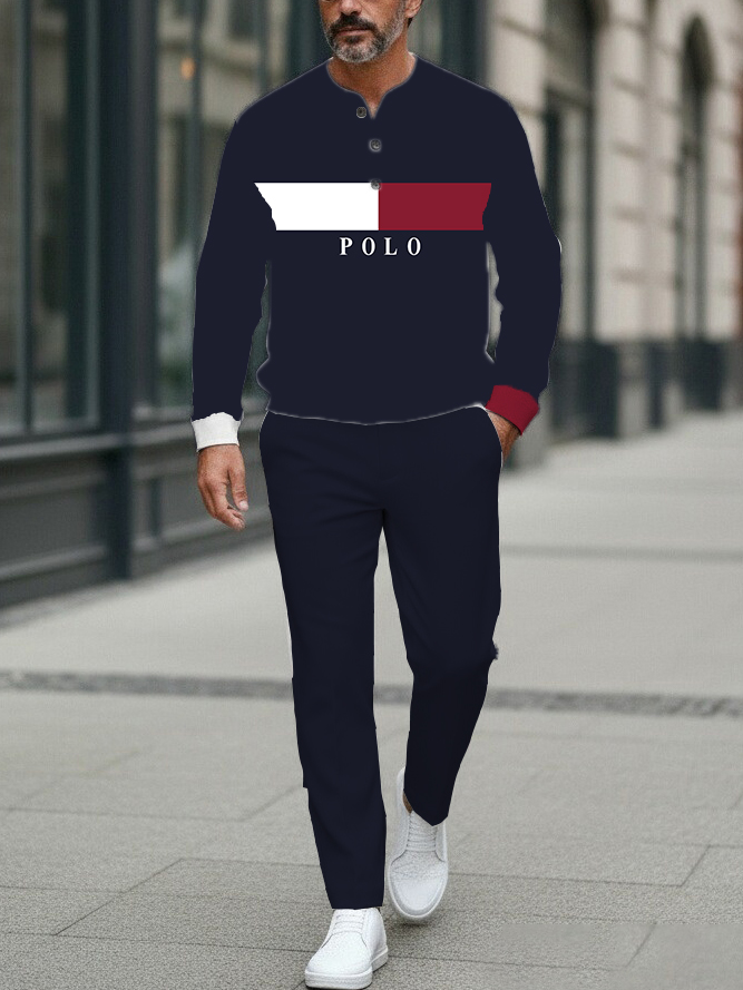 Men's fashion casual geometric print long sleeve zipper two-piece set