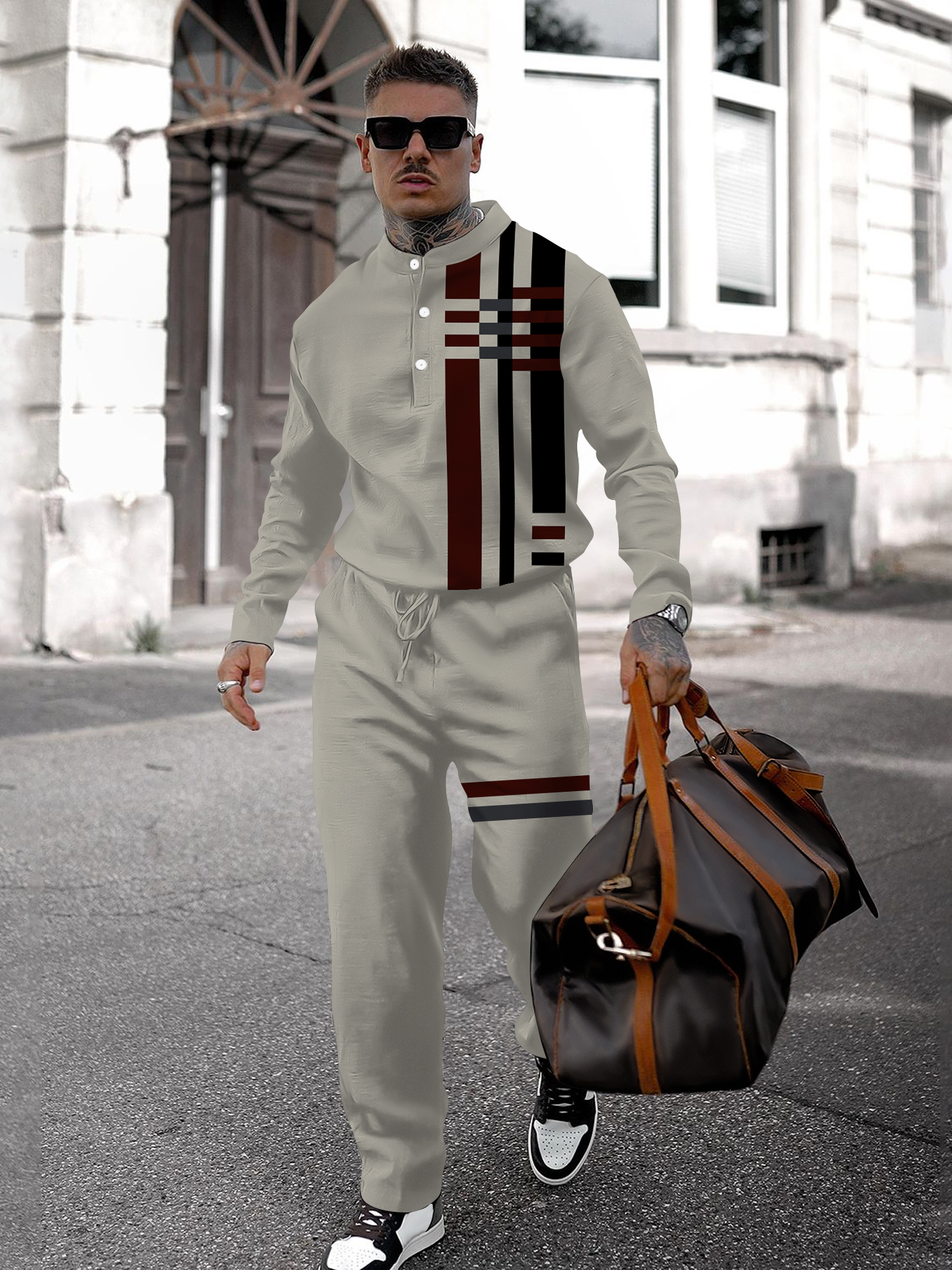 Men's fashion casual geometric print long sleeve two-piece set