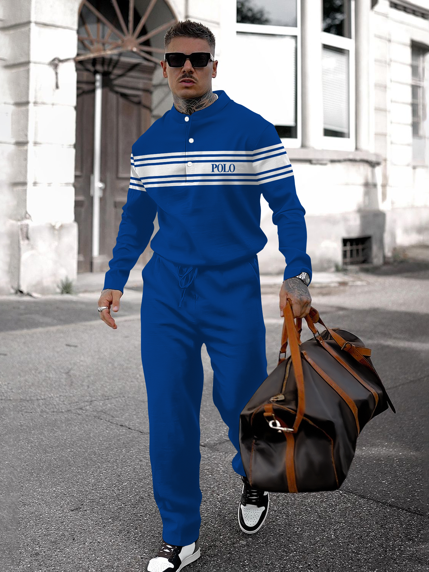 Men's fashion casual geometric print long sleeve two-piece set