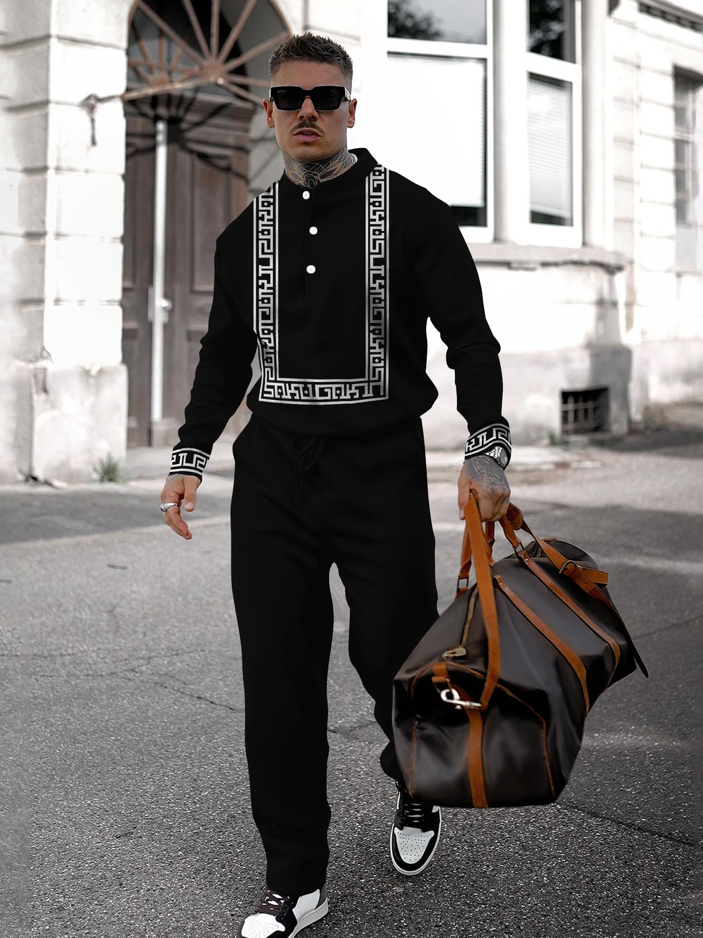 Men's fashion casual geometric print long sleeve two-piece set