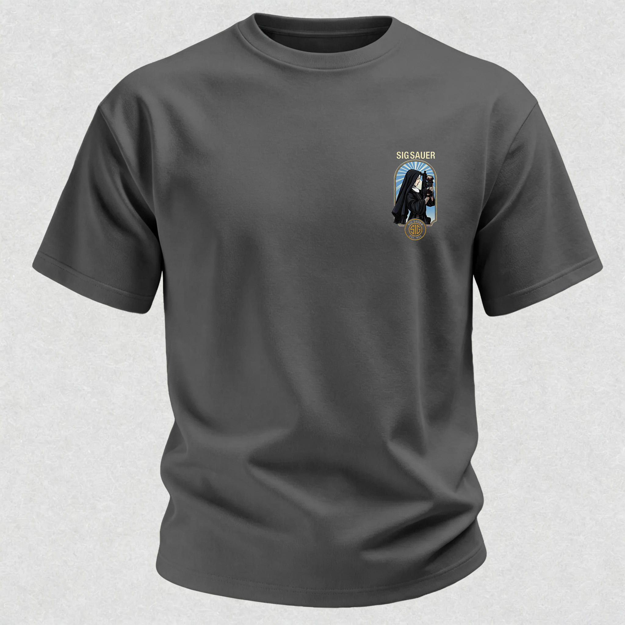 Precision Tactical Arch Window Nun with Rifle Since 1853 Vintage Illustration Cotton Print Men's T-Shirt