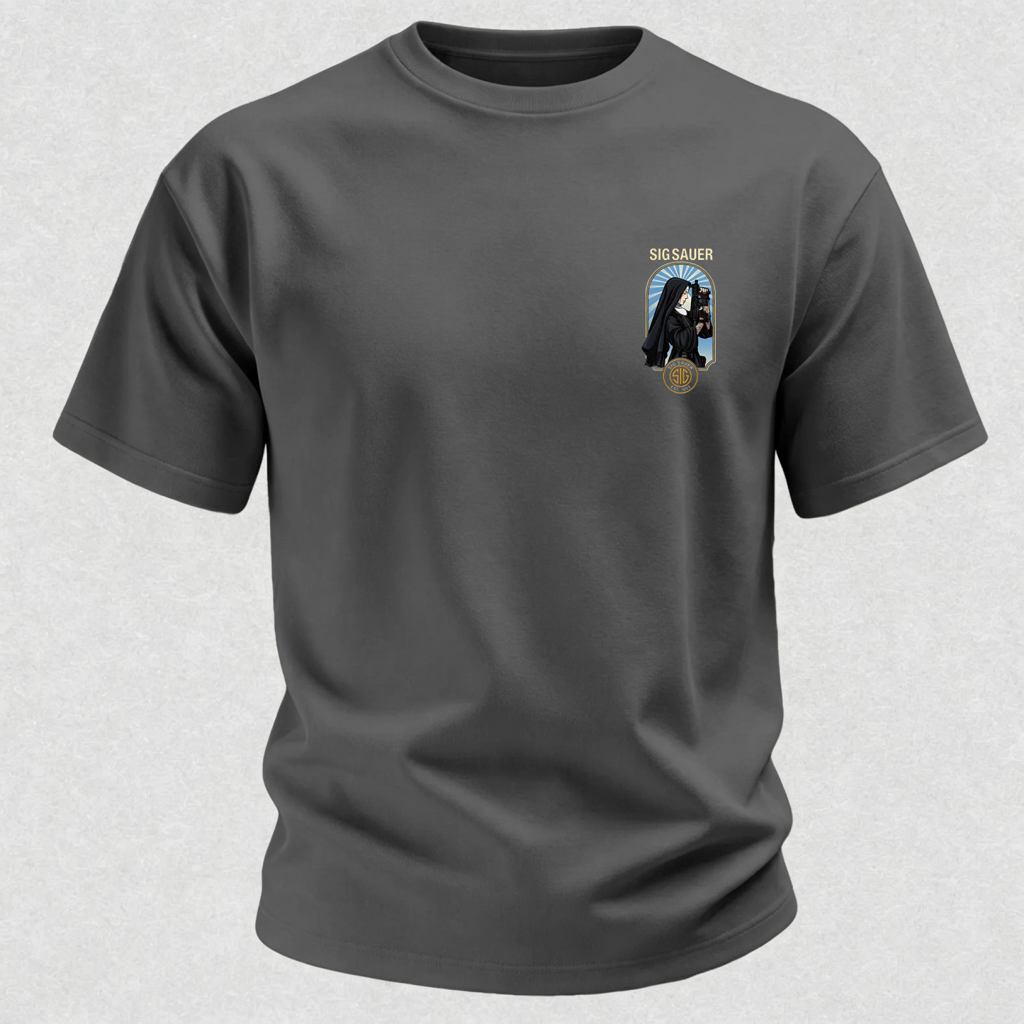 Precision Tactical Arch Window Nun with Rifle Since 1853 Vintage Illustration Cotton Print Men's T-Shirt