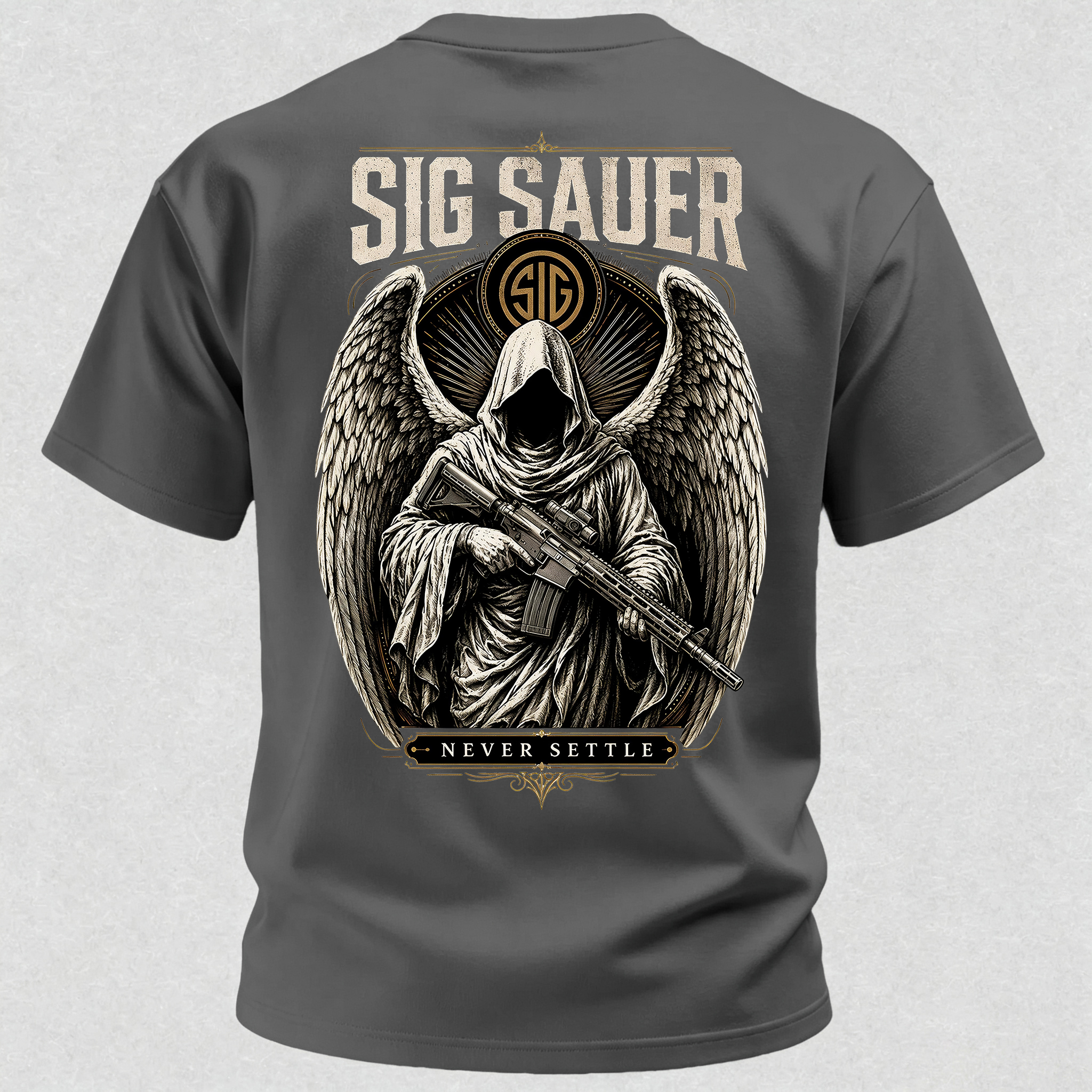 Tactical Angel Winged Grim Reaper with Rifle Dark Gothic Streetwear Men's Pocket T-Shirt