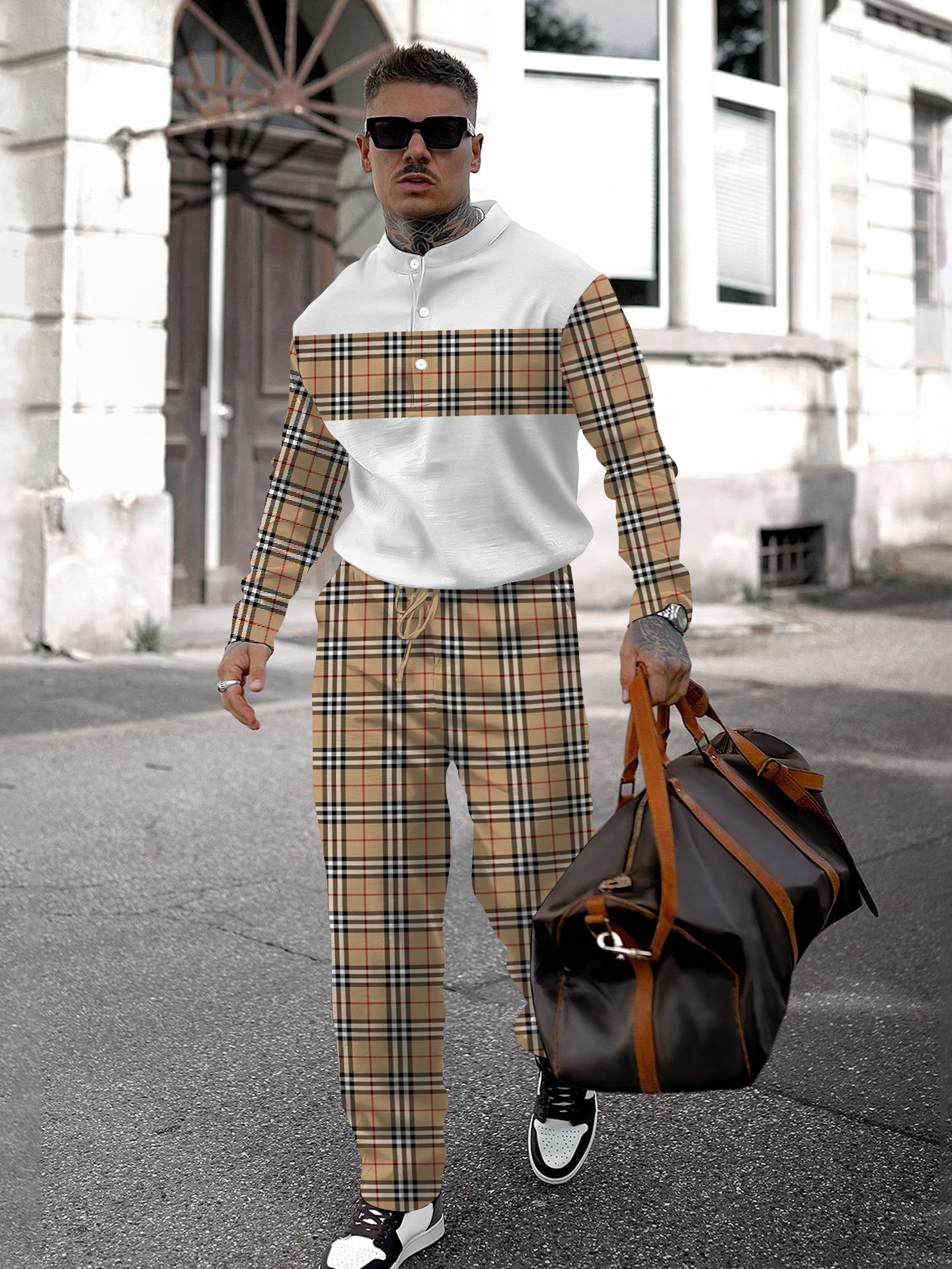 Men's fashion casual geometric print long sleeve two-piece set