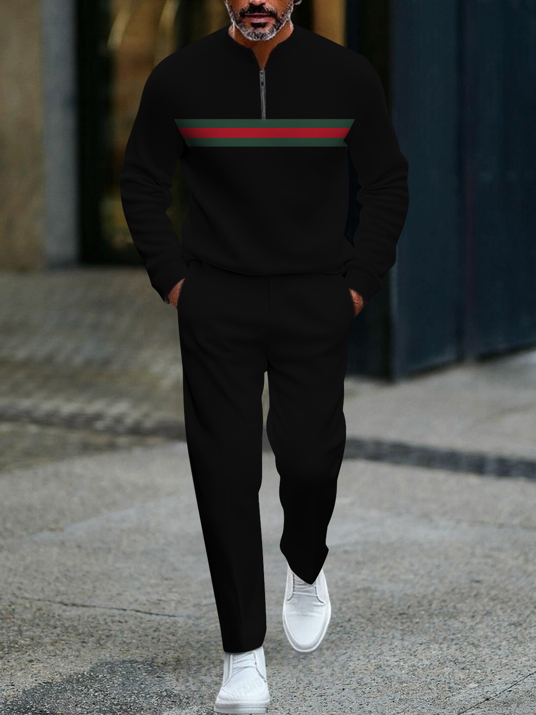 Men's fashion casual geometric print long sleeve zipper two-piece set