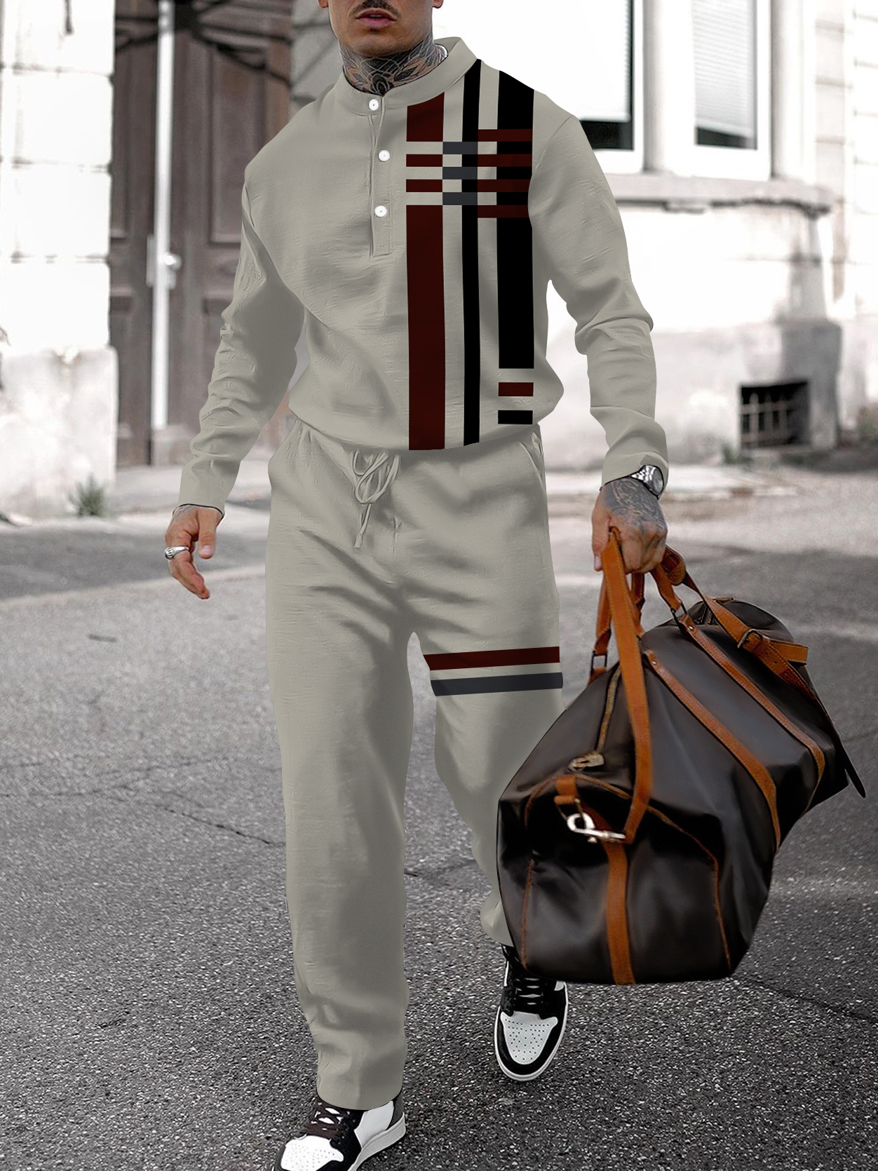 Men's fashion casual geometric print long sleeve two-piece set