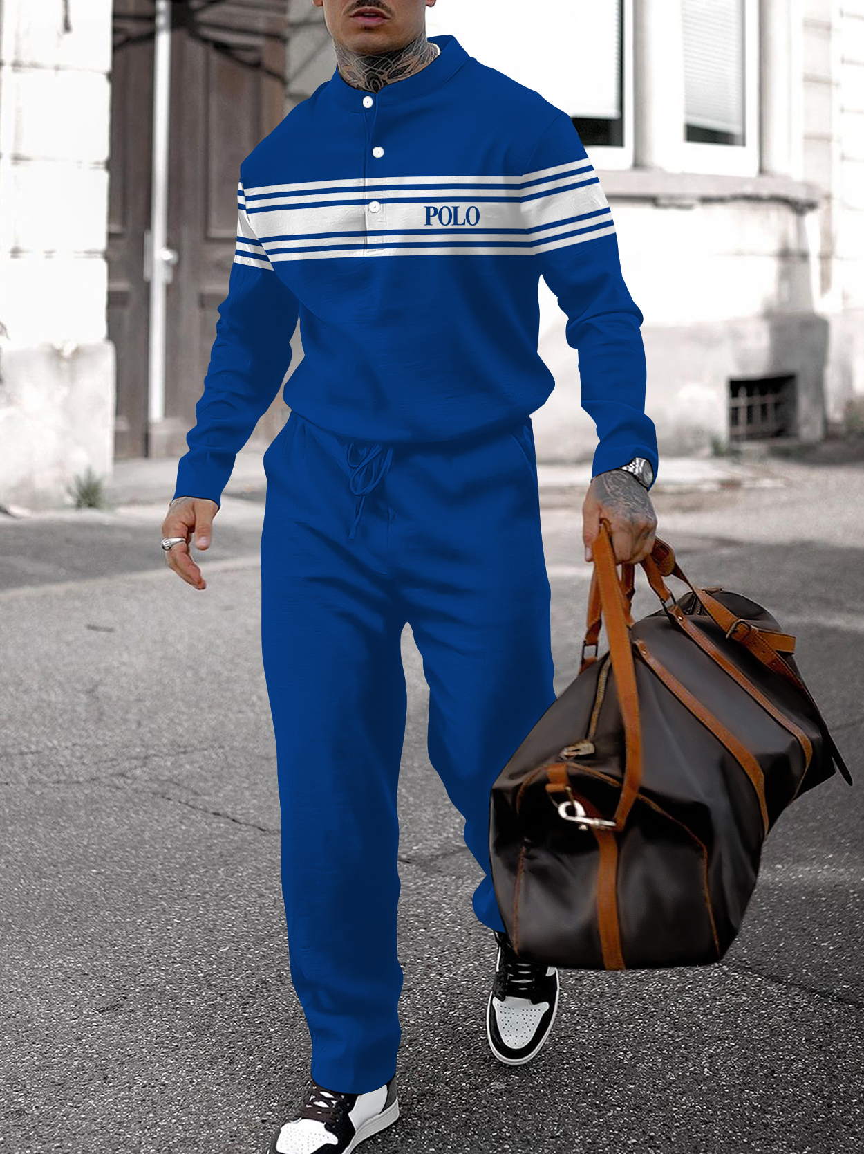 Men's fashion casual geometric print long sleeve two-piece set