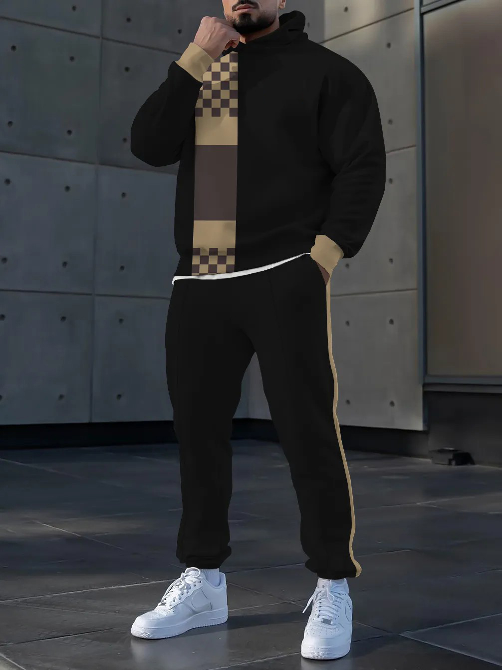 Men's fashion casual color match print long sleeve two piece set