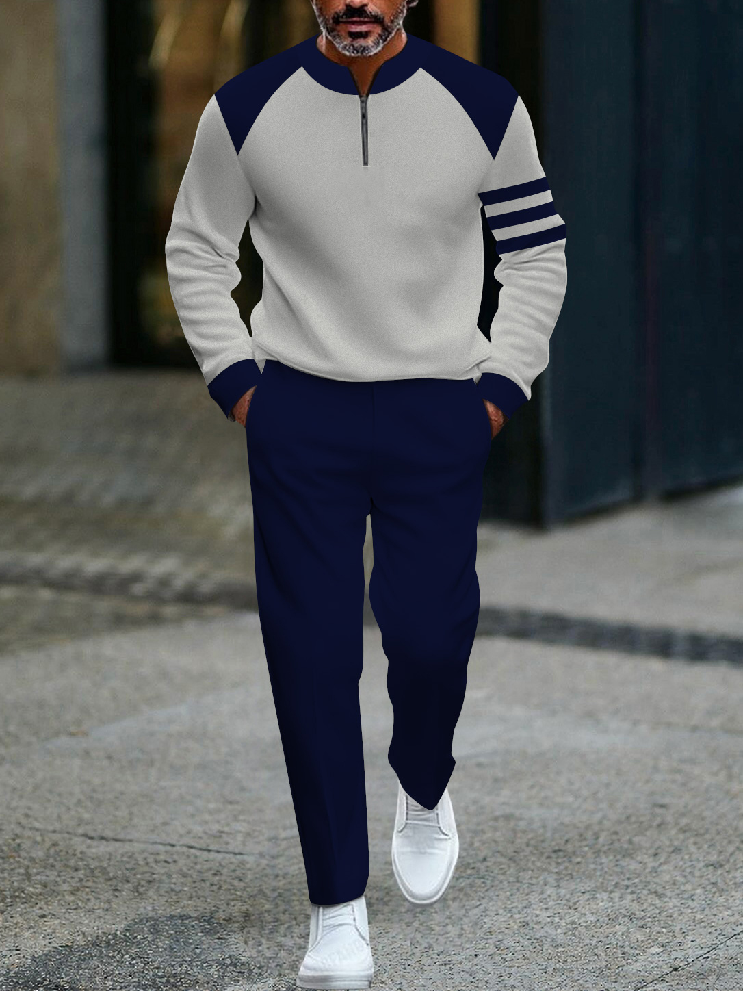 Men's fashion casual geometric print long sleeve zipper two-piece set