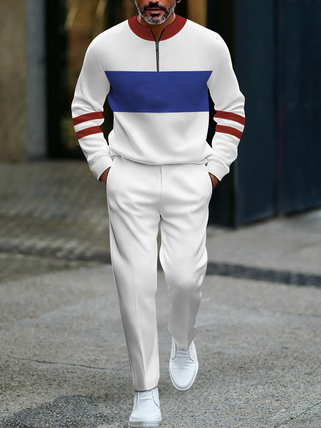 Men's fashion casual geometric print long sleeve zipper two-piece set