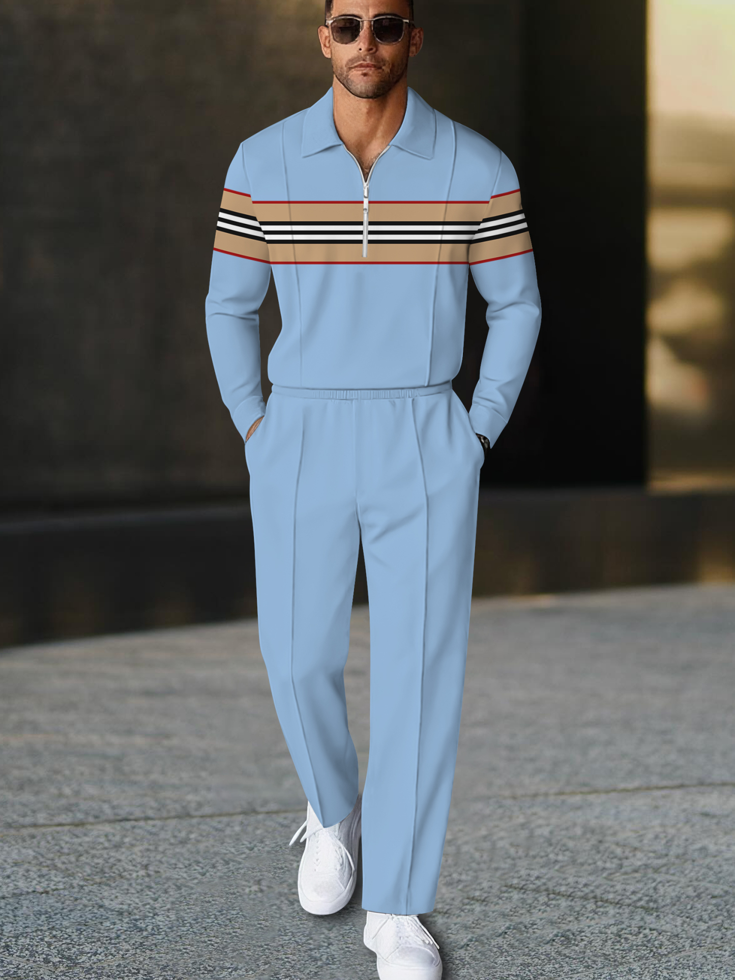 Men's fashion casual geometric print long sleeve zipper polo two-piece set