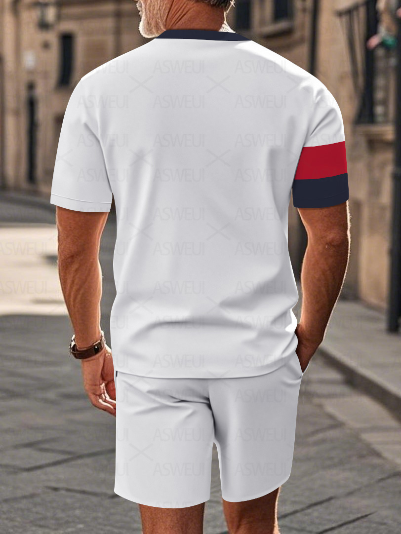 Men's fashion casual round-neck zipper geometric printed short-sleeved two-piece set