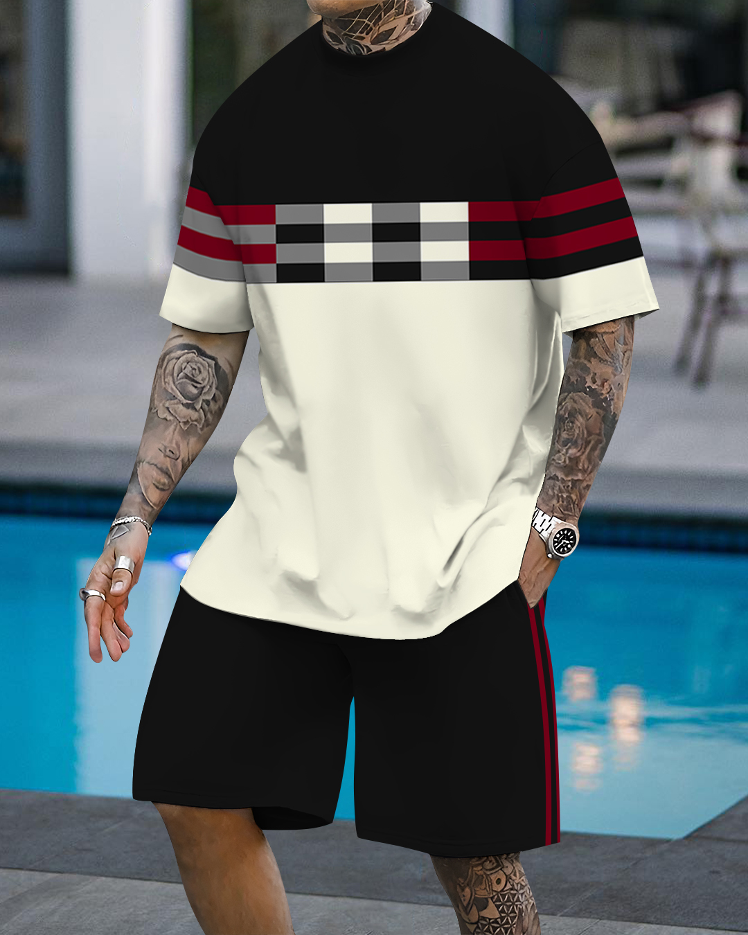 Men's fashion casual color matching printed short-sleeved two-piece set