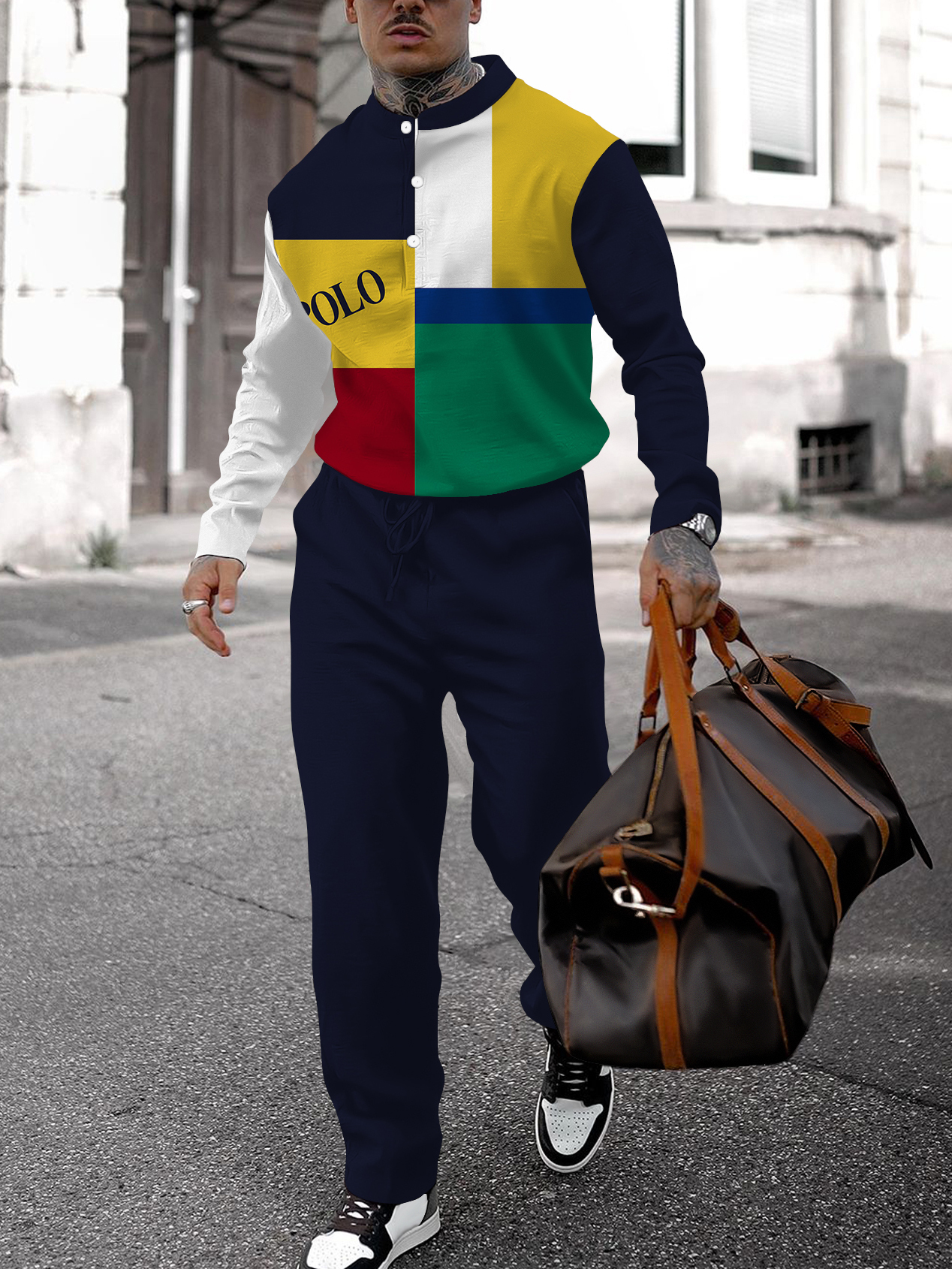 Men's fashion casual geometric print long sleeve two-piece set