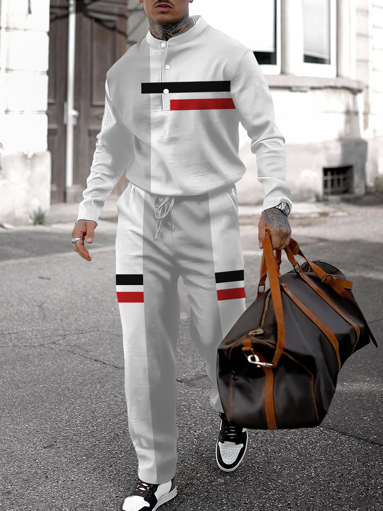 Men's fashion casual geometric print long sleeve two-piece set