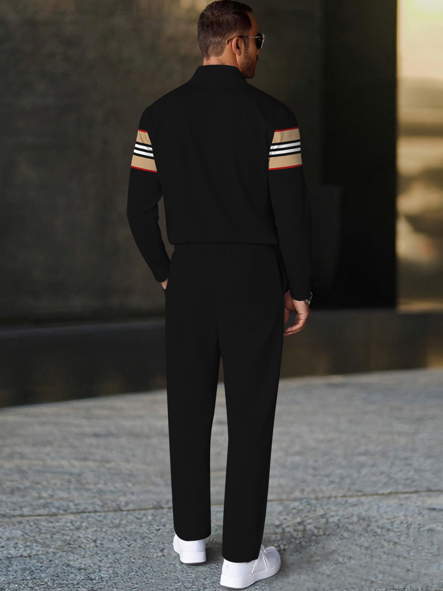 Men's fashion casual geometric print long sleeve zipper polo two-piece set