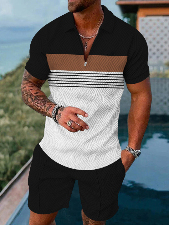 Men's fashion casual geometric print short sleeve polo two-piece set