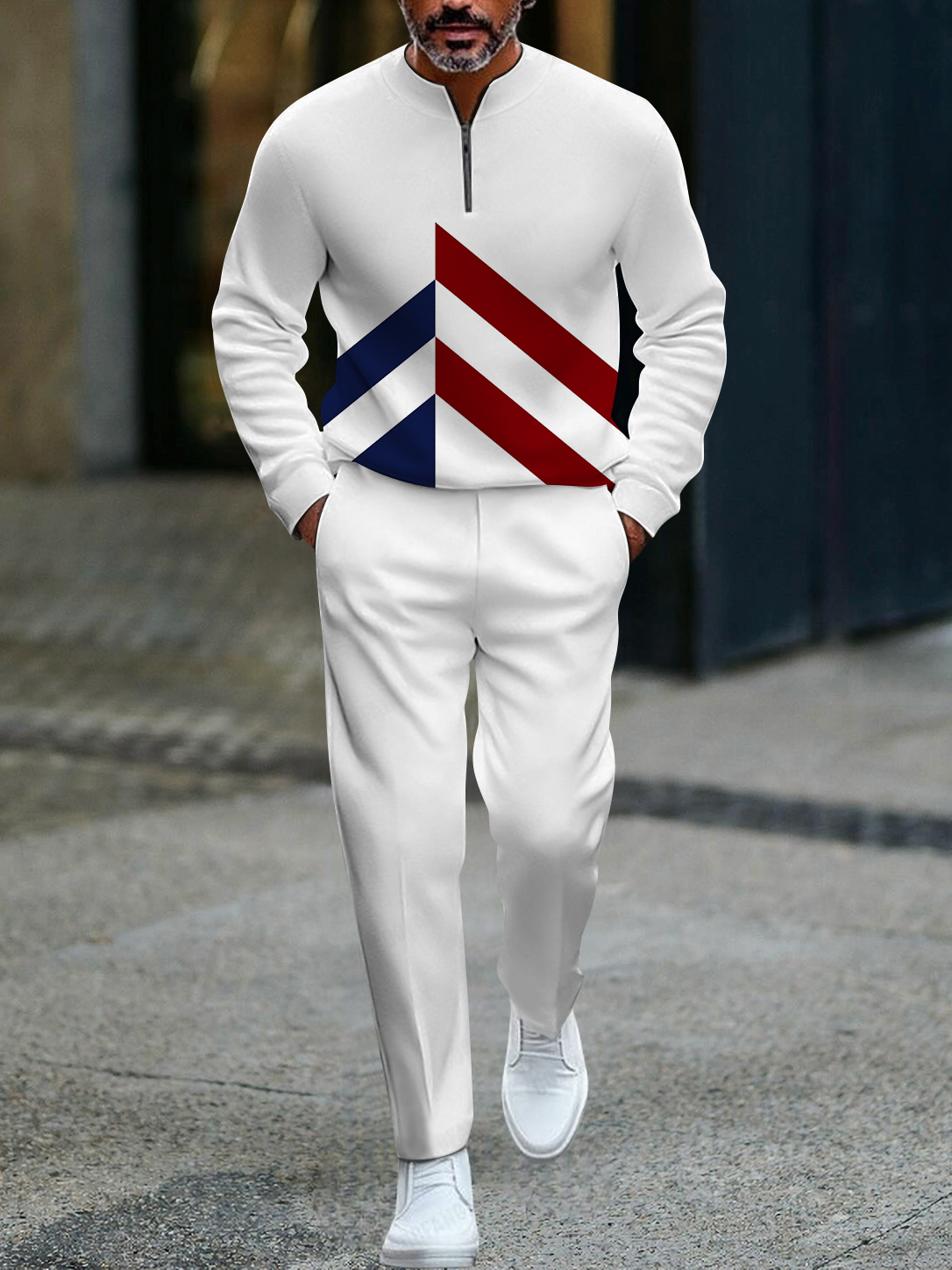 Men's fashion casual geometric print long sleeve zipper two-piece set