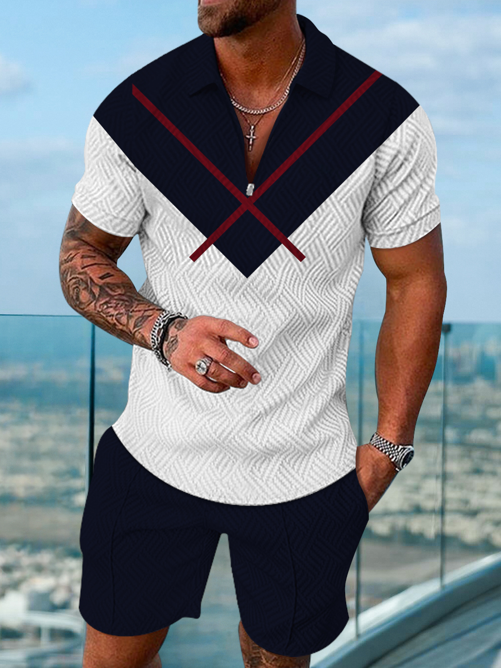 Men's fashion casual color matching printed polo two-piece set