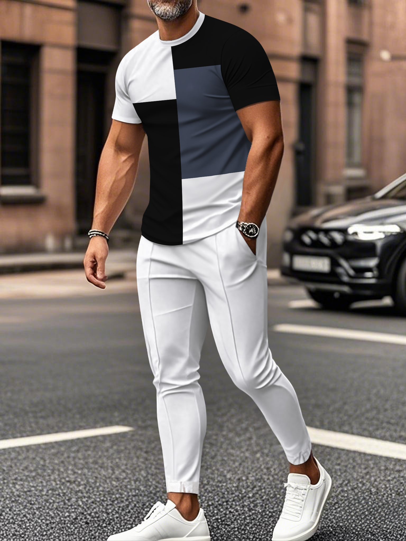 Men's fashion casual color matching striped printed short sleeved trousers two-piece set