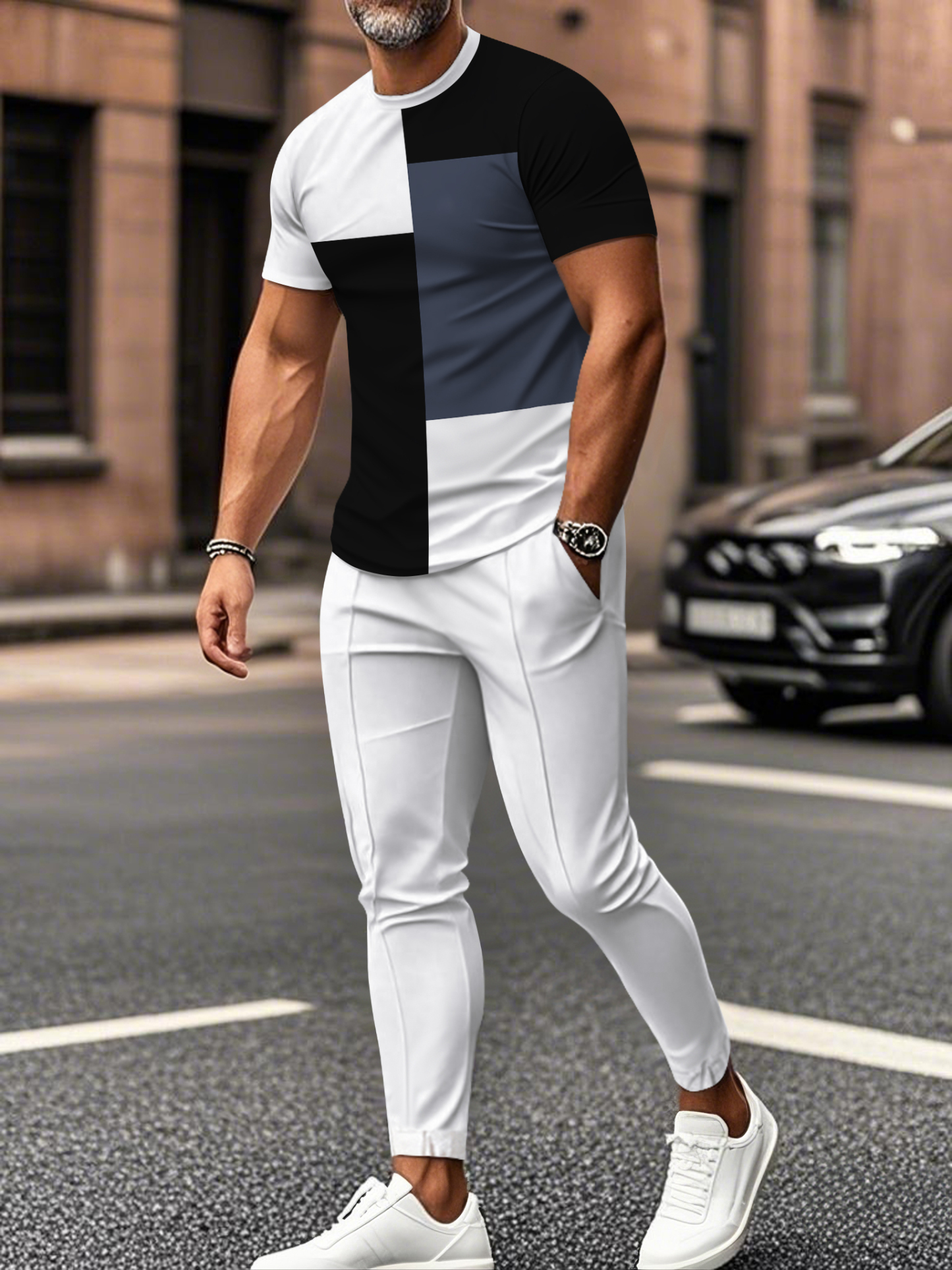 Men's fashion casual color matching striped printed short sleeved trousers two-piece set