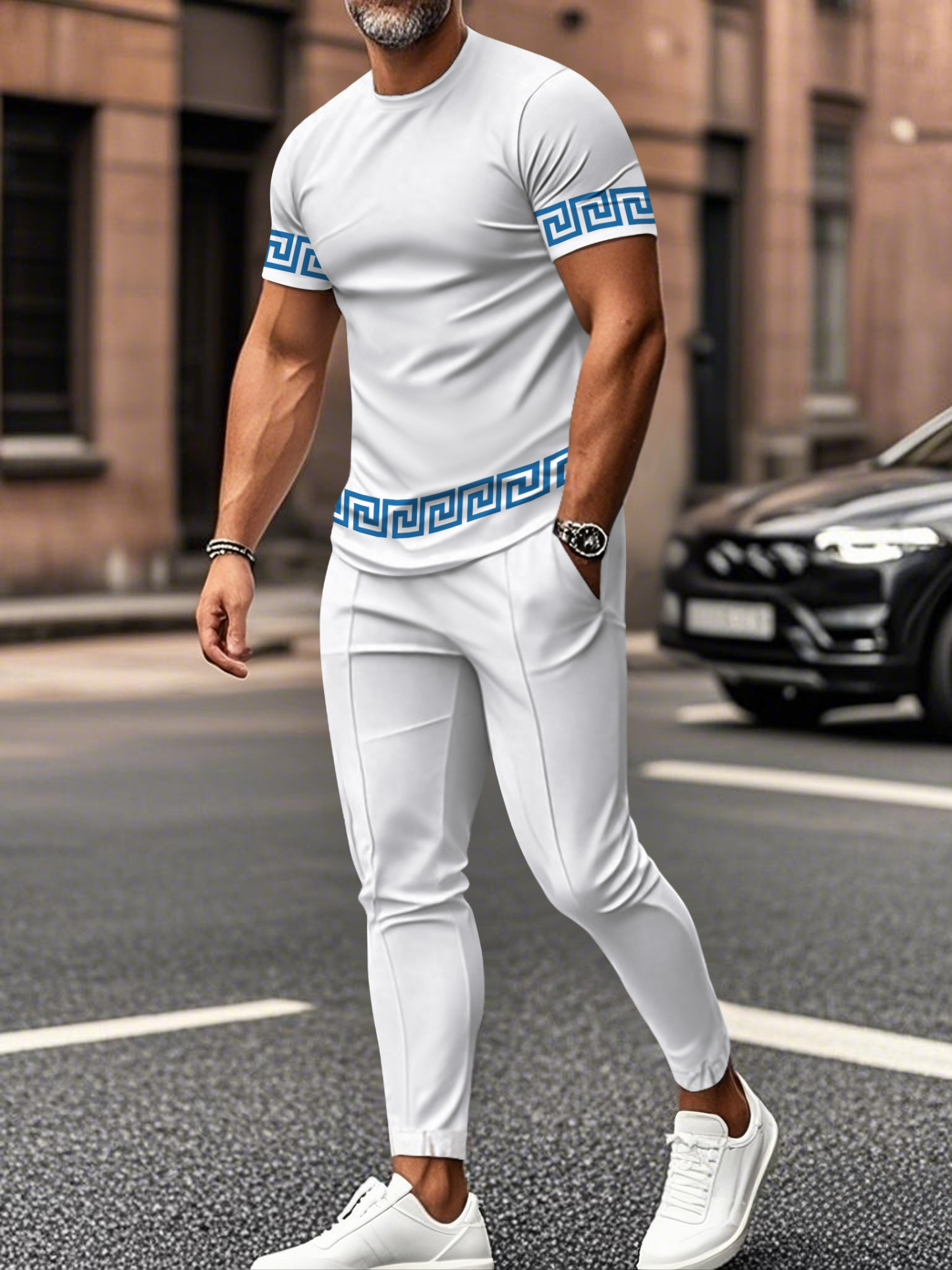 Men's fashion casual color matching striped printed short sleeved trousers two-piece set