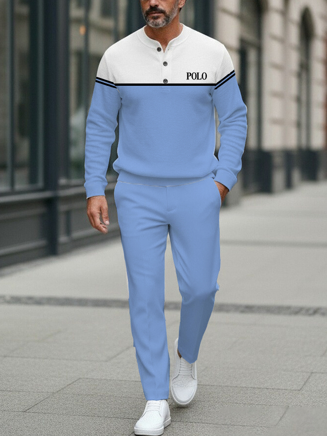 Men's fashion casual geometric print long sleeve zipper two-piece set