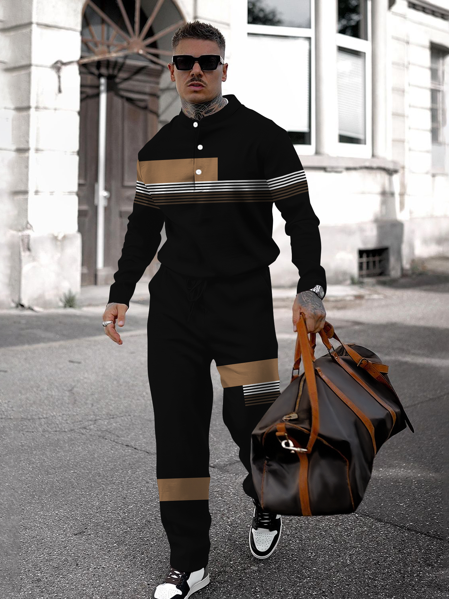 Men's fashion casual geometric print long sleeve two-piece set