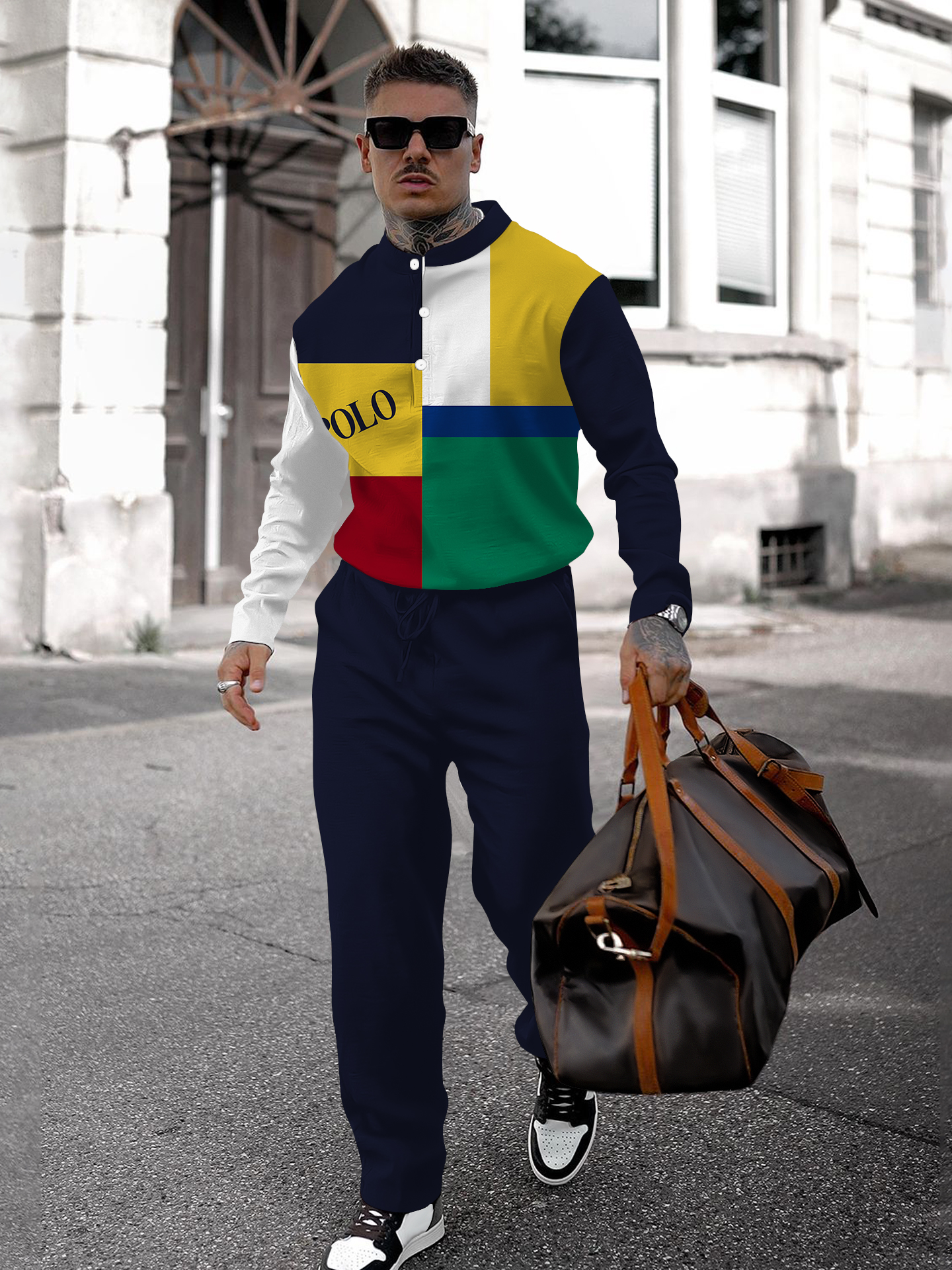 Men's fashion casual geometric print long sleeve two-piece set