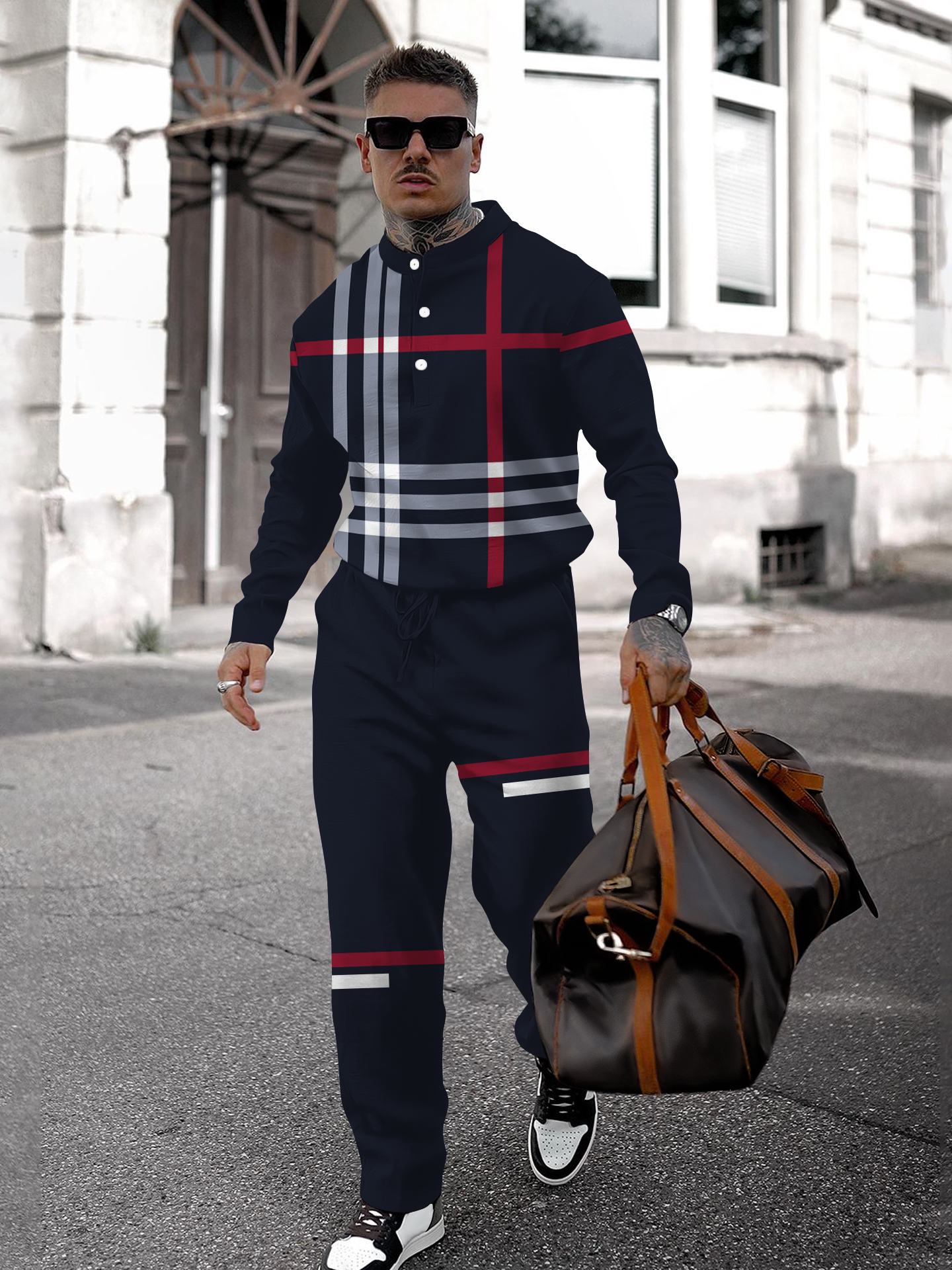 Men's fashion casual geometric print long sleeve two-piece set