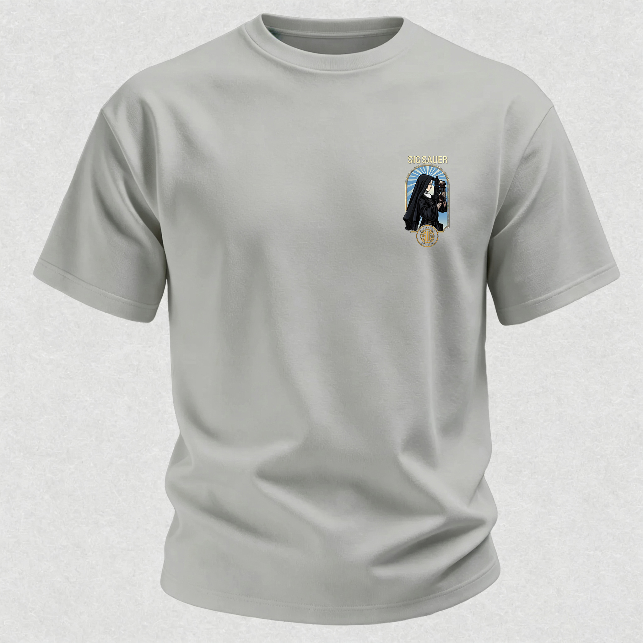 Precision Tactical Arch Window Nun with Rifle Since 1853 Vintage Illustration Cotton Print Men's T-Shirt