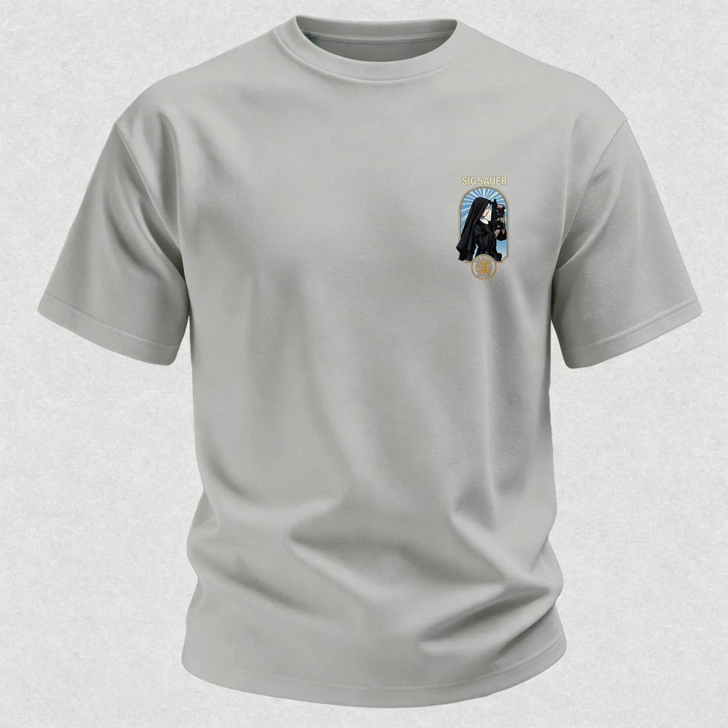 Precision Tactical Arch Window Nun with Rifle Since 1853 Vintage Illustration Cotton Print Men's T-Shirt