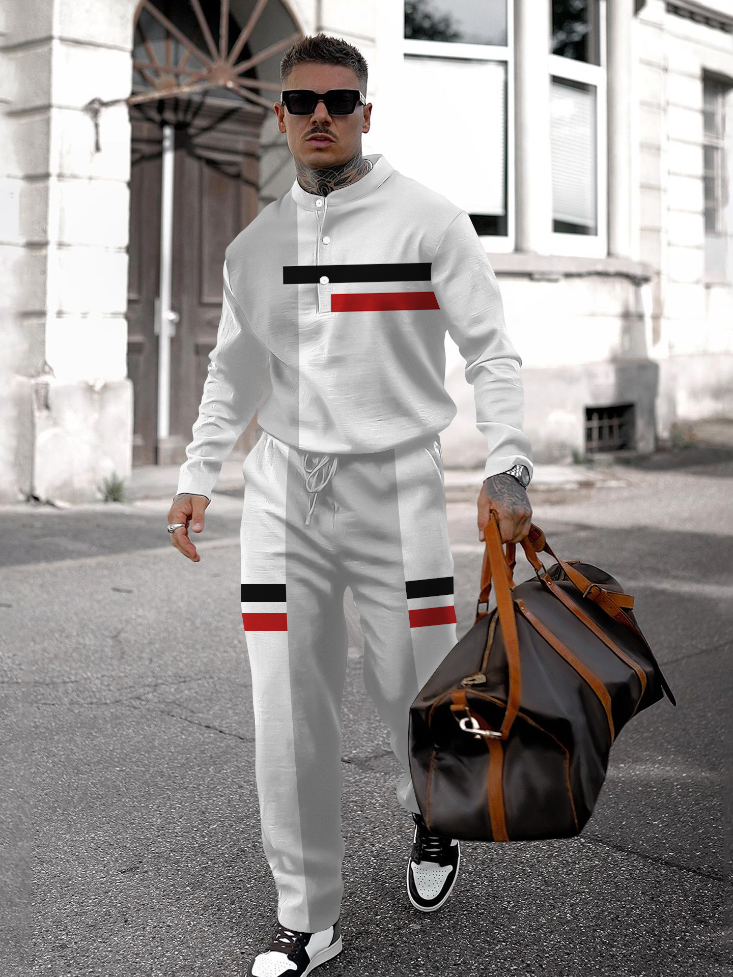 Men's fashion casual geometric print long sleeve two-piece set