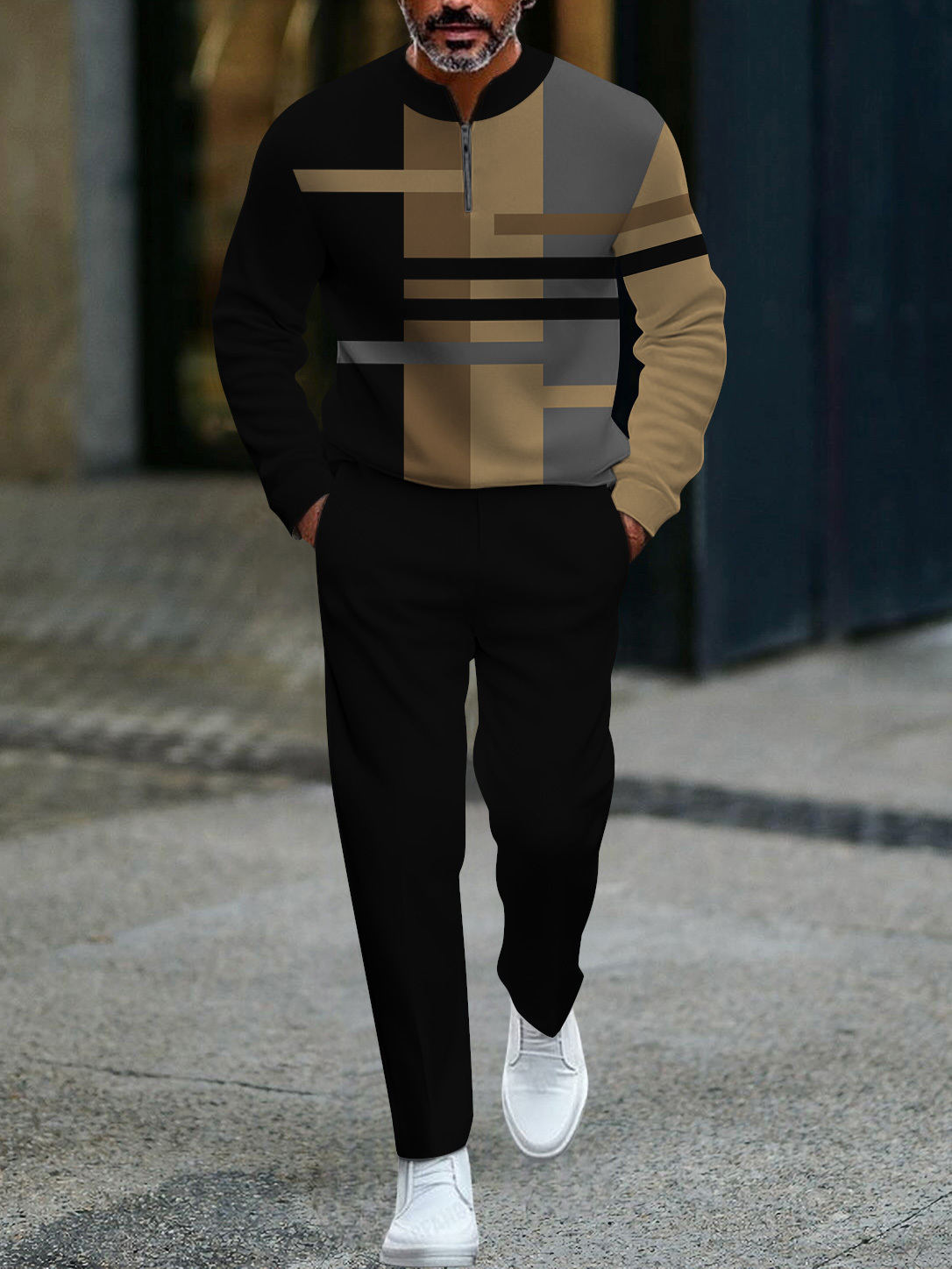 Men's fashion casual geometric print long sleeve zipper two-piece set