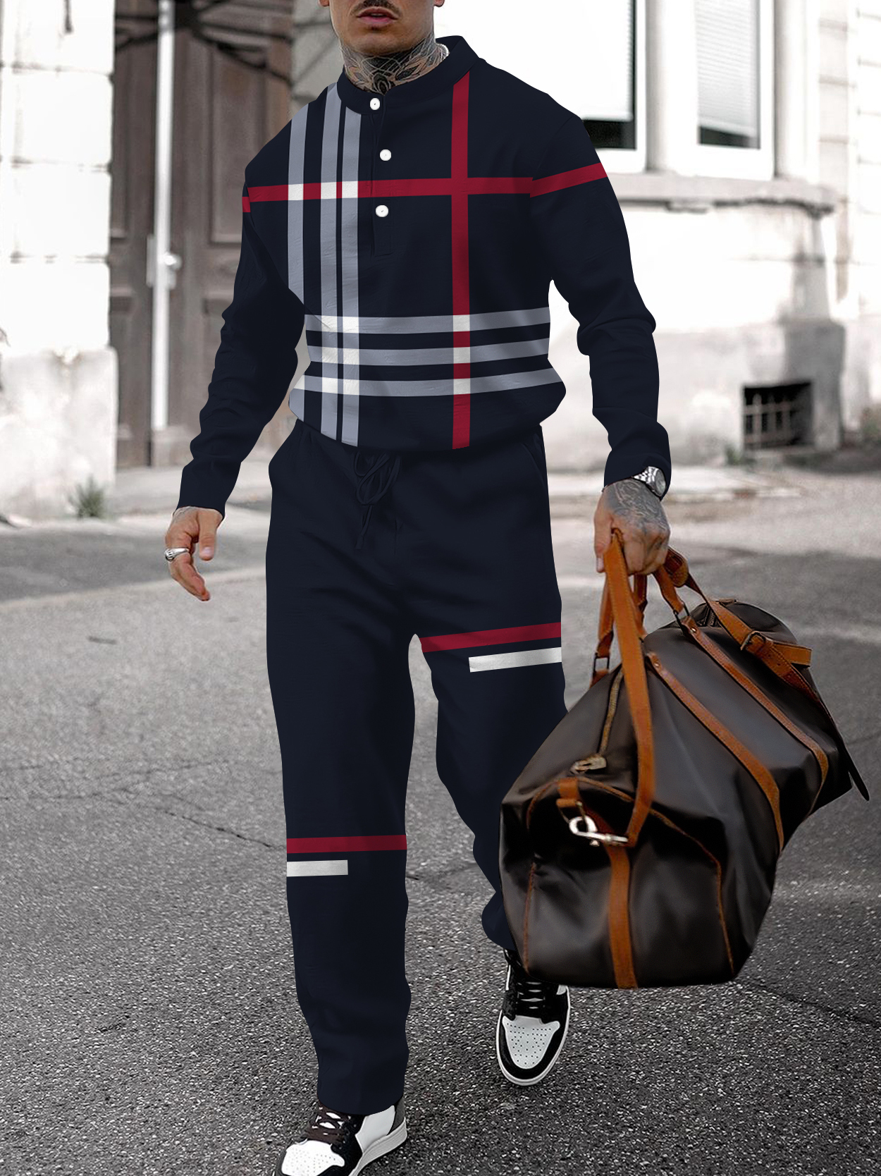 Men's fashion casual geometric print long sleeve two-piece set