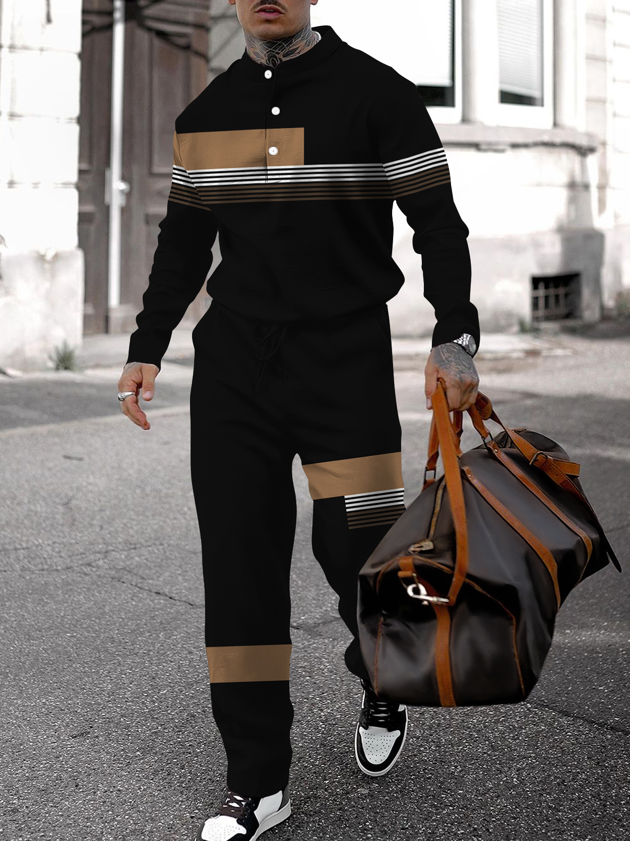 Men's fashion casual geometric print long sleeve two-piece set