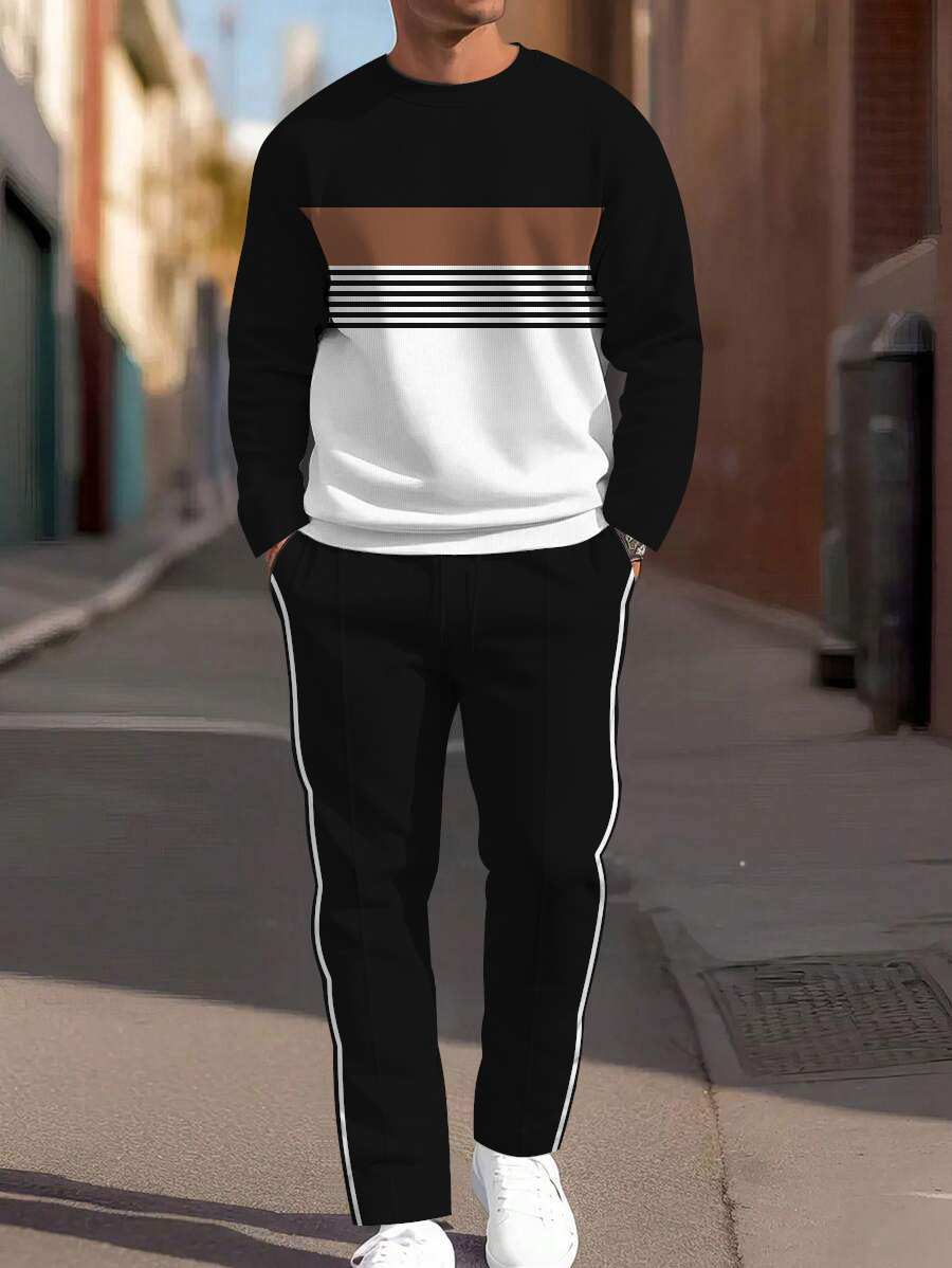 Men's fashion casual geometric printed hoodie two-piece set