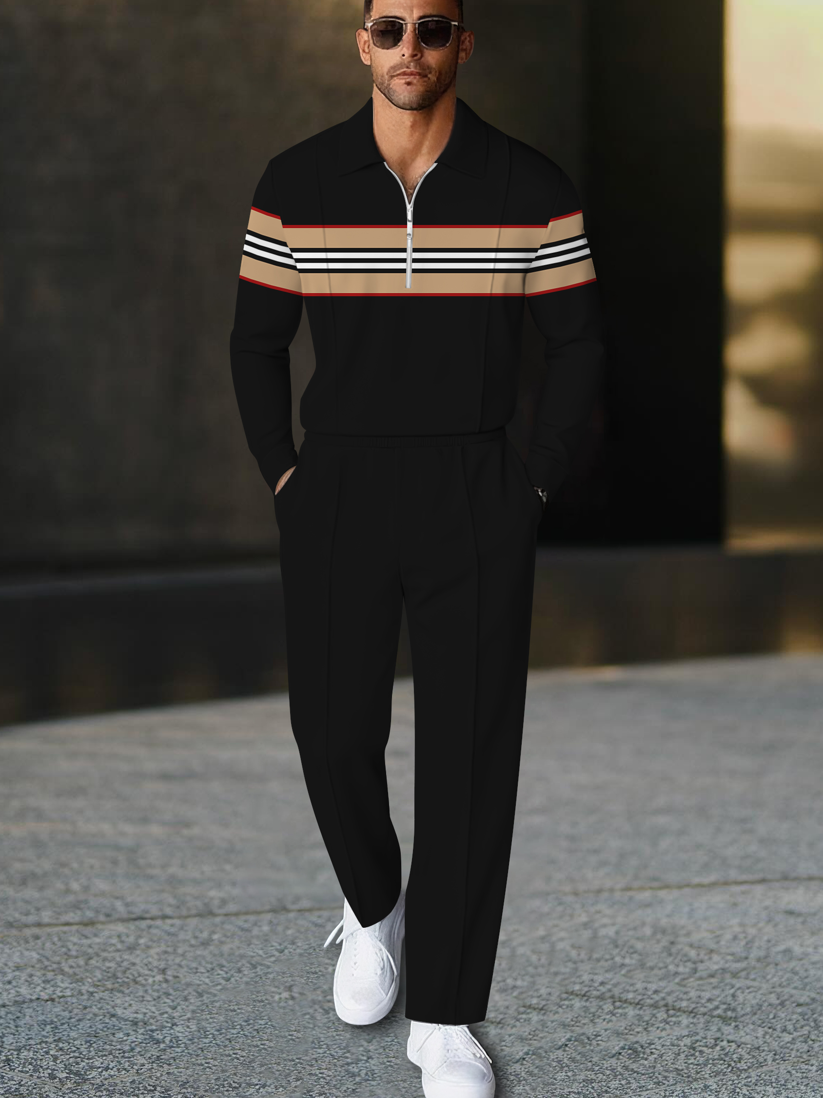 Men's fashion casual geometric print long sleeve zipper polo two-piece set