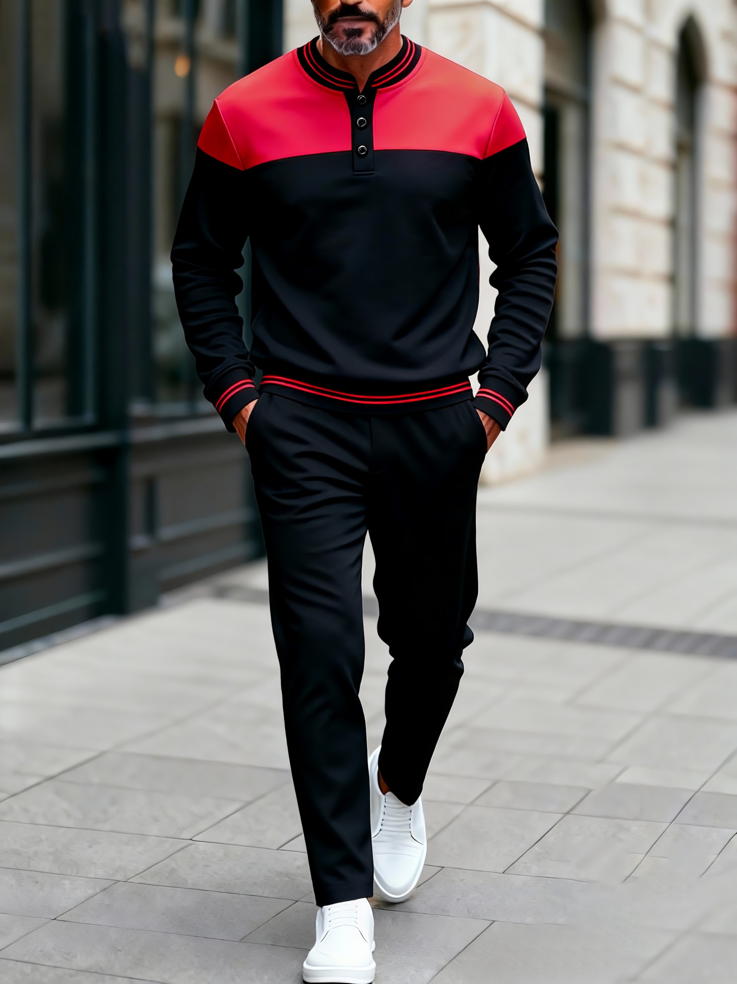 Men's fashionable casual business color-block round-neck zipper long-s